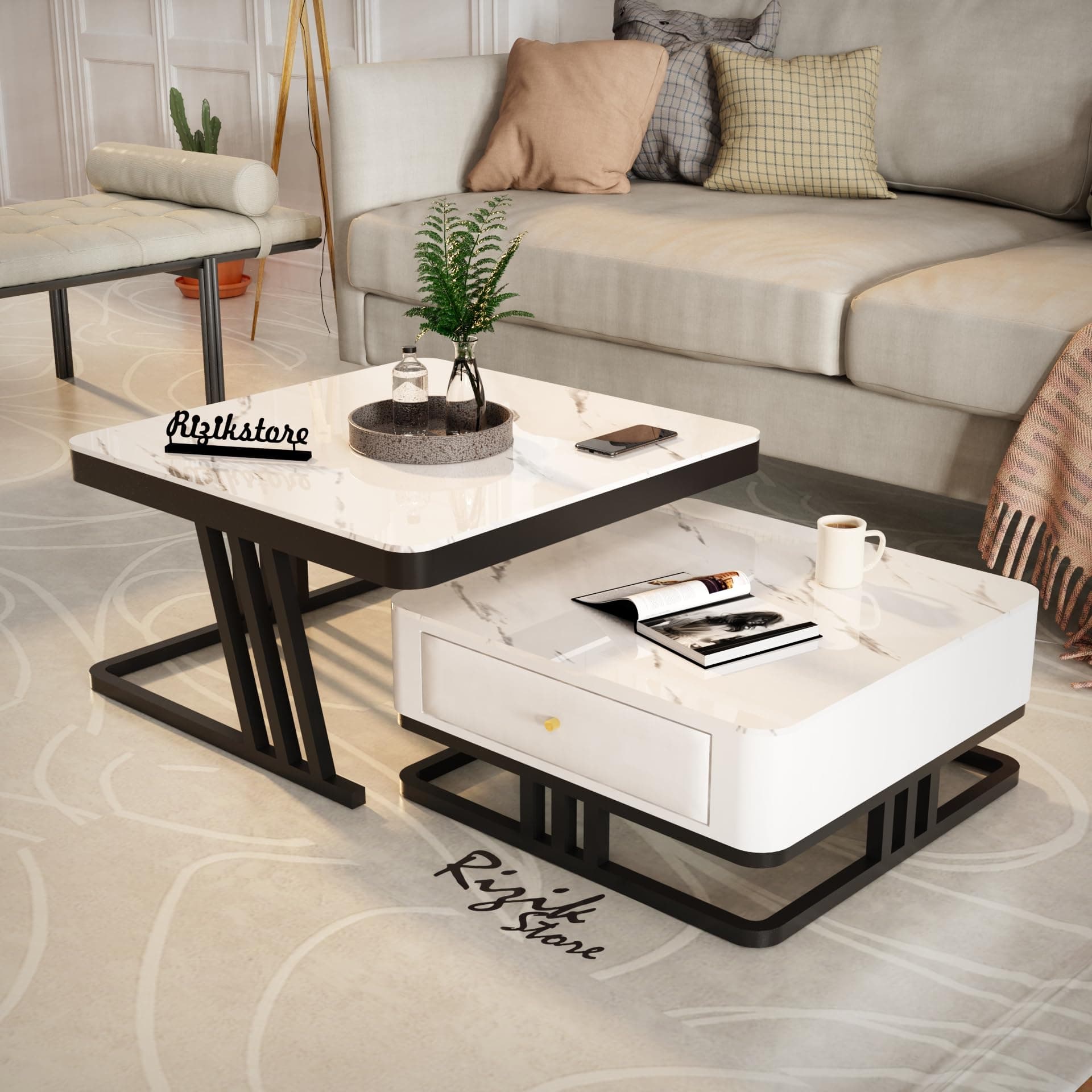 RIZIK STORE® Handmade Coffee Table with Metal Base & Engineered Wood Top | Nesting/Side/Center Table for Living Room, Drawing Room, Balcony (White & Black, 20"x20", Square)
