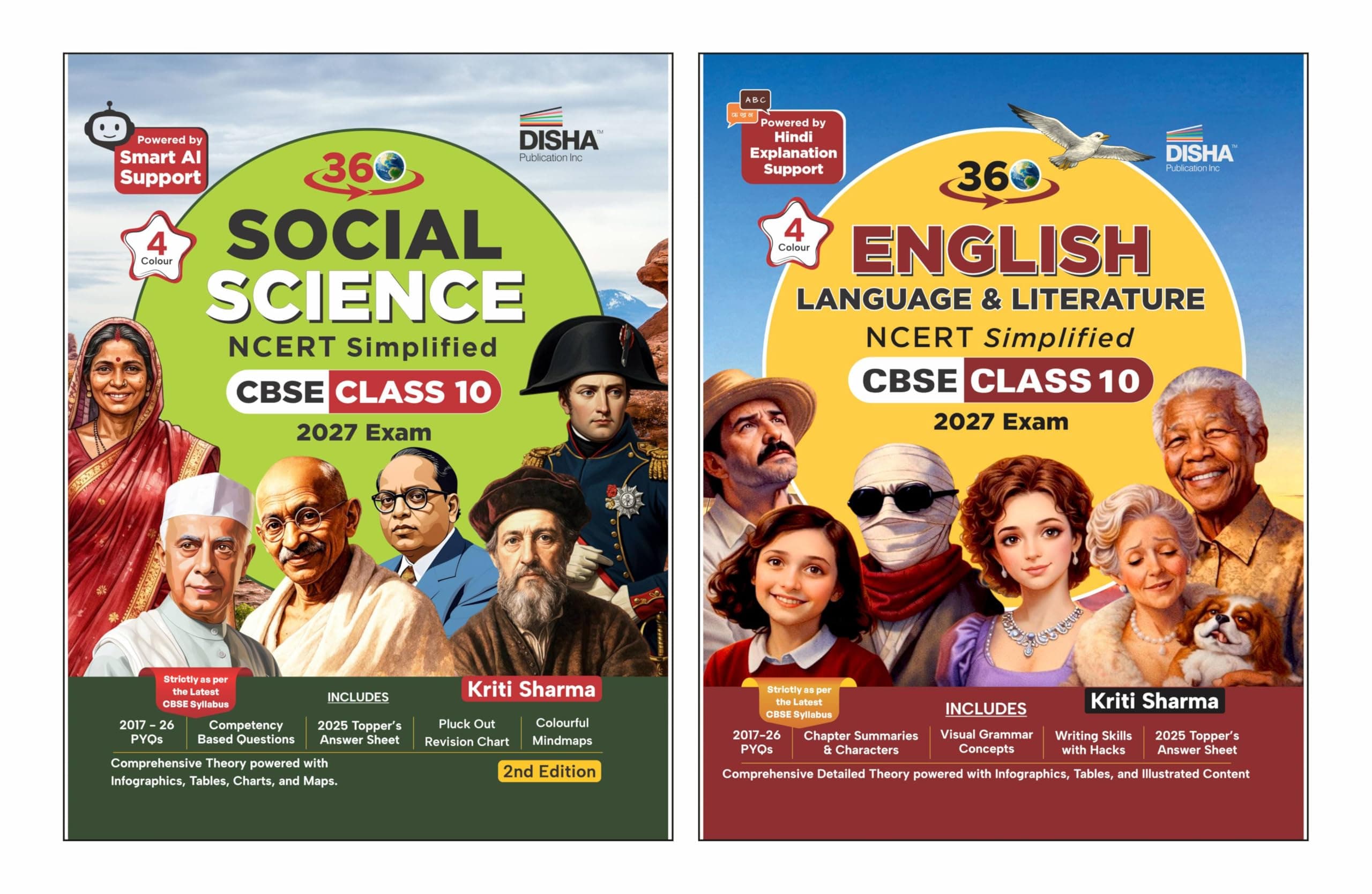 Disha 360 Social Science & English Literature & Language NCERT Simplified CBSE Class 10 for 2027 Exam | 4 color Concepts & Question Bank by Kriti Sharma | Theory, PYQs, Competency & NCERT Questions