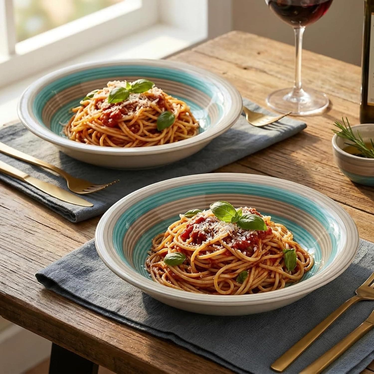 Ninasa Pasta Bowl Set of 2 | 7 Inch, Deep Soup & Salad Serving Plates | Microwave & Dishwasher Safe Big Bowl | Stylish Kitchen Tableware for Pasta, Soup & Everyday Dining (2, Turquoise-Grey)