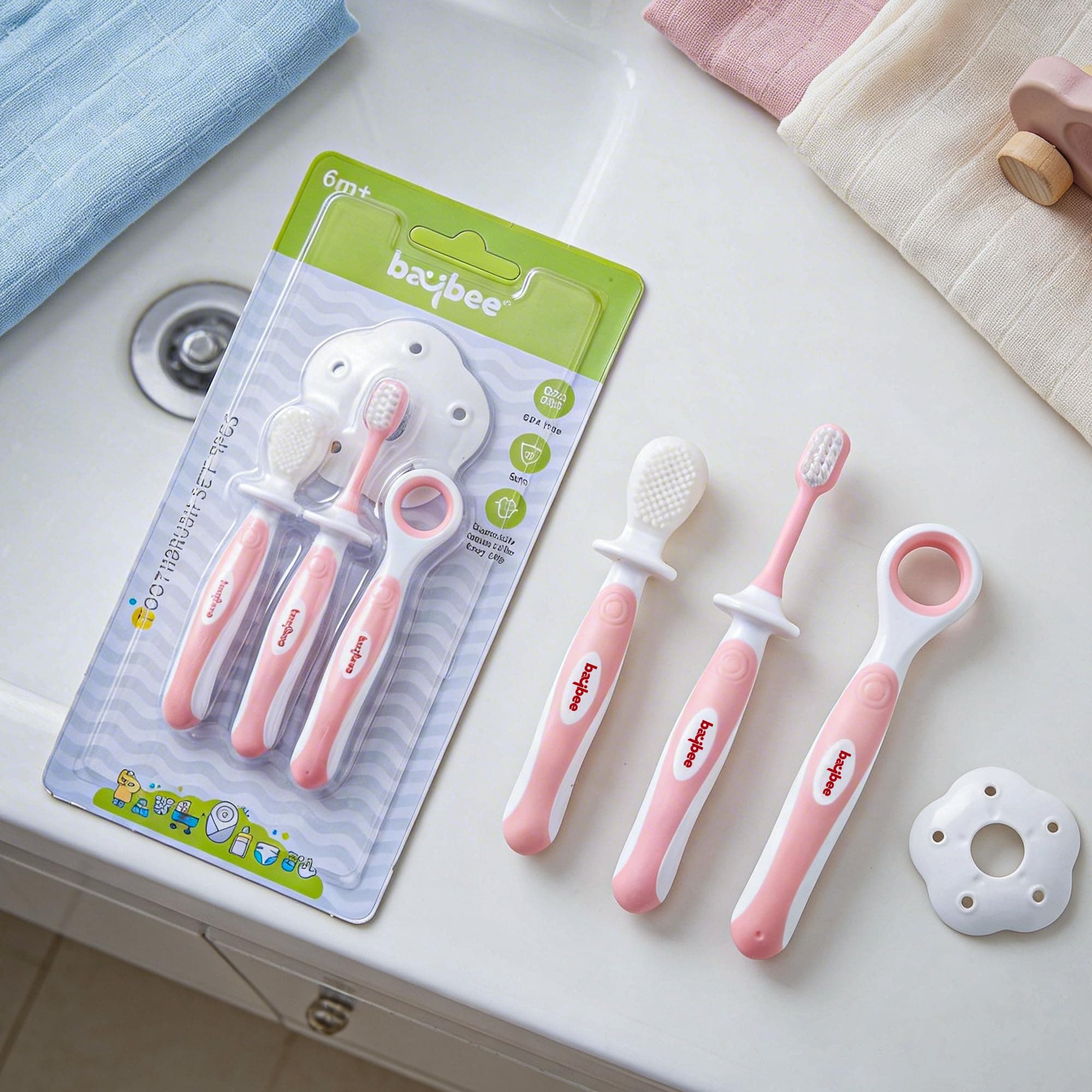 BAYBEE Soft Silicone Manual Toothbrush Set, Bpa Free Baby Training Toothbrushes With Anti Chock Shield, Tongue Cleaner|Infant Kids Toothbrush 6+ Months (Pink), Pack of 4