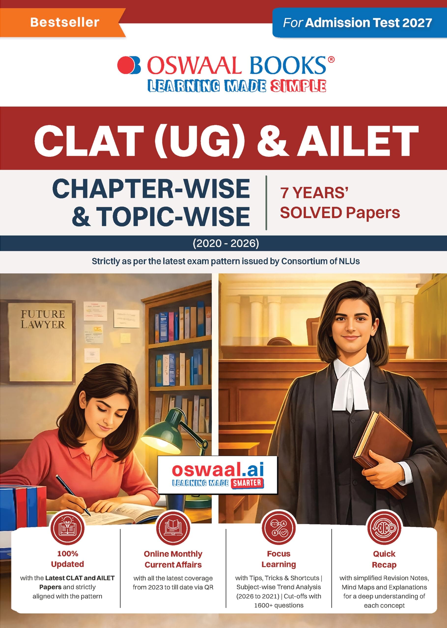 Oswaal CLAT (UG) and AILET| 7 Years' Chapter-wise and Topic-wise Solved Papers| (2020 -2025) | For 2027 Admission Test