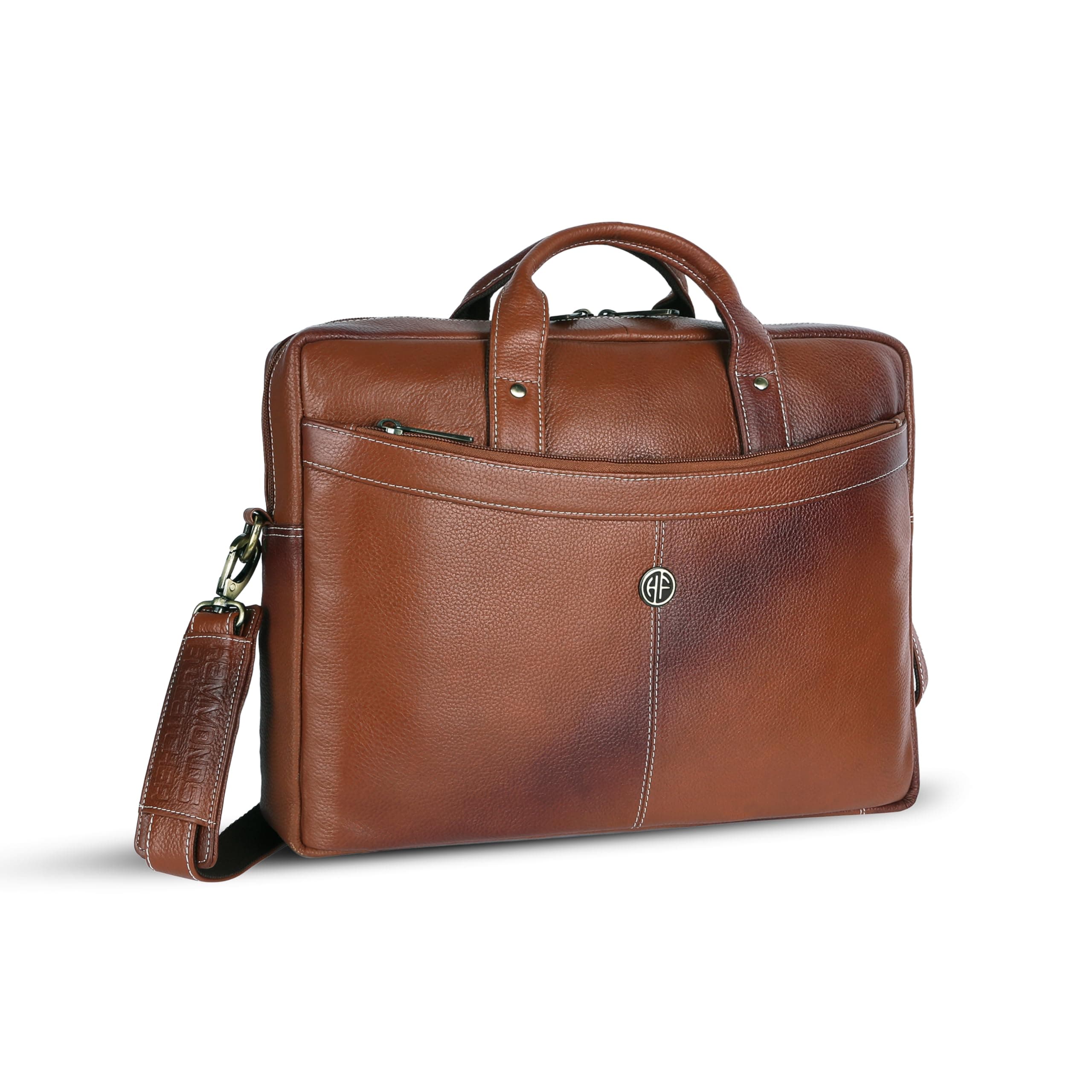 HAMMONDS FLYCATCHER Genuine Leather Office Bag for Men, 15.6 Inch Professional Tan Color Laptop Bag for Men, Adjustable Strap & Multi Compartments, 1 Year Warranty - Office, Travel, Daily Use