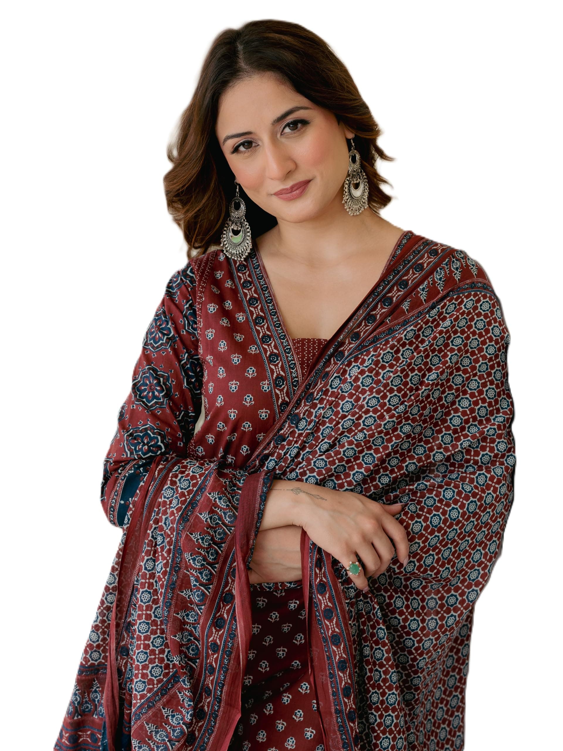 Arayna Women’s 100% Pure Cotton Printed Ethnic Suit | A-Line Kurta Set with Pant & Dupatta