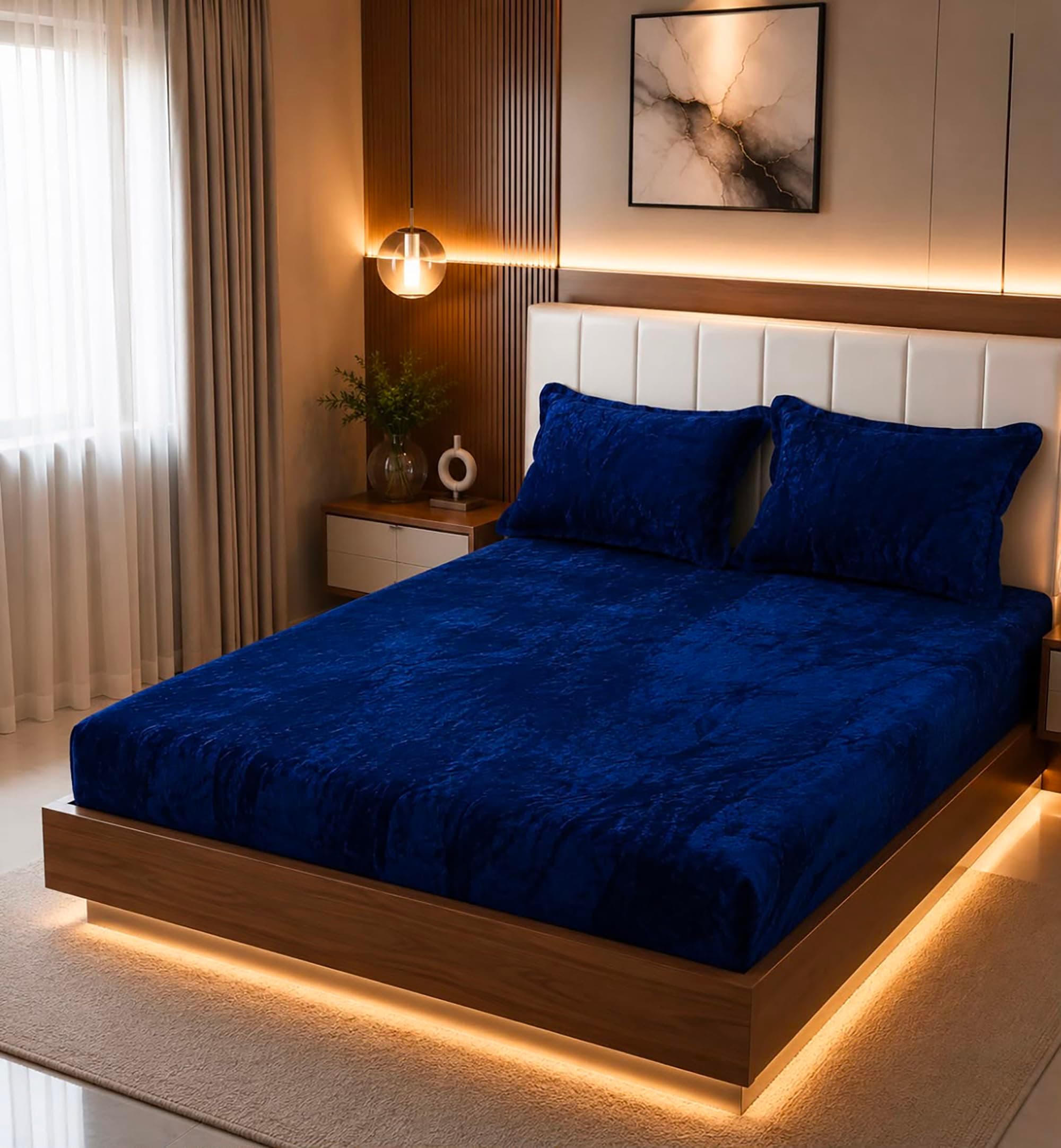 AKSHOME Velvet Super King Size Flano Fitted Bedsheet | Elastic Solid Bedsheet for King Size Bed | 72x78 Inches | Soft Plush Flannel Bed Cover with 2 Pillow Covers|Blue