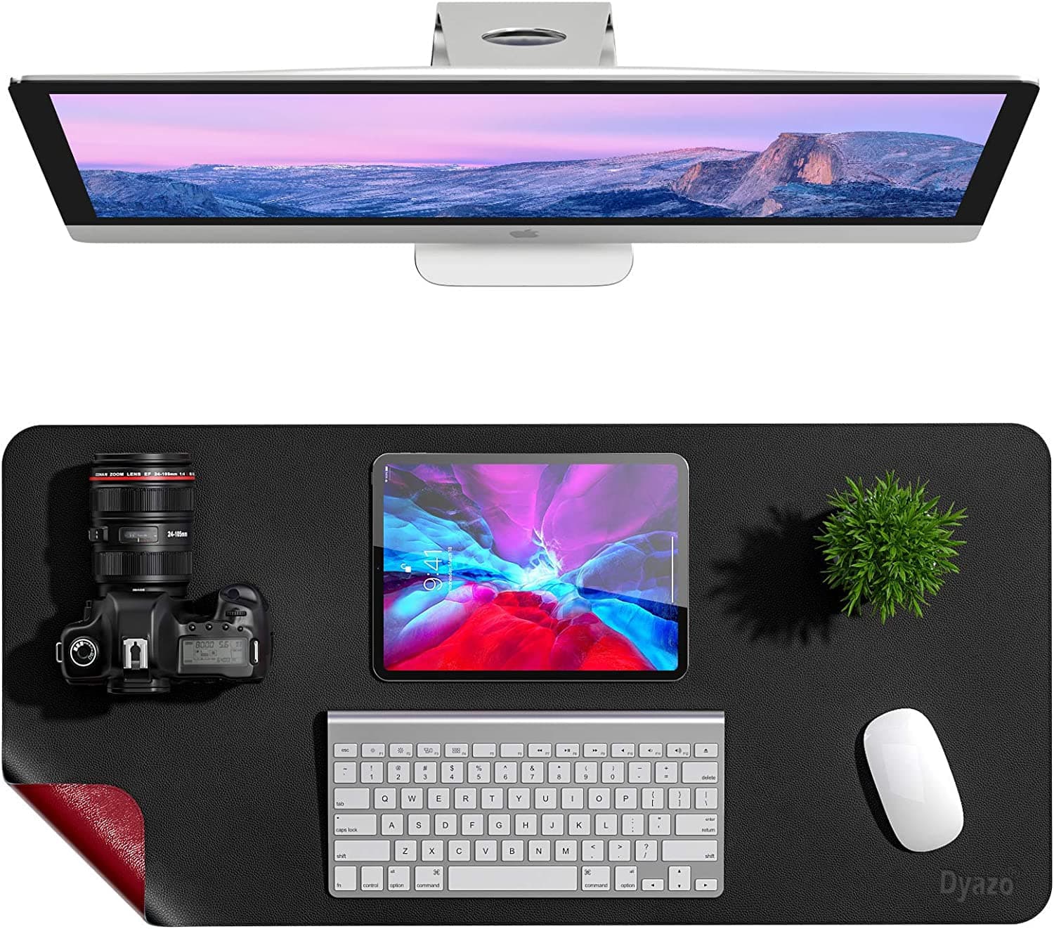 Dyazo Vegan PU Leather Desk Mat | Waterproof Office Extended Mouse Mat | Anti Skid & Anti Slip | Reversible - (35 Inch * 17.7 Inch Black & Red)