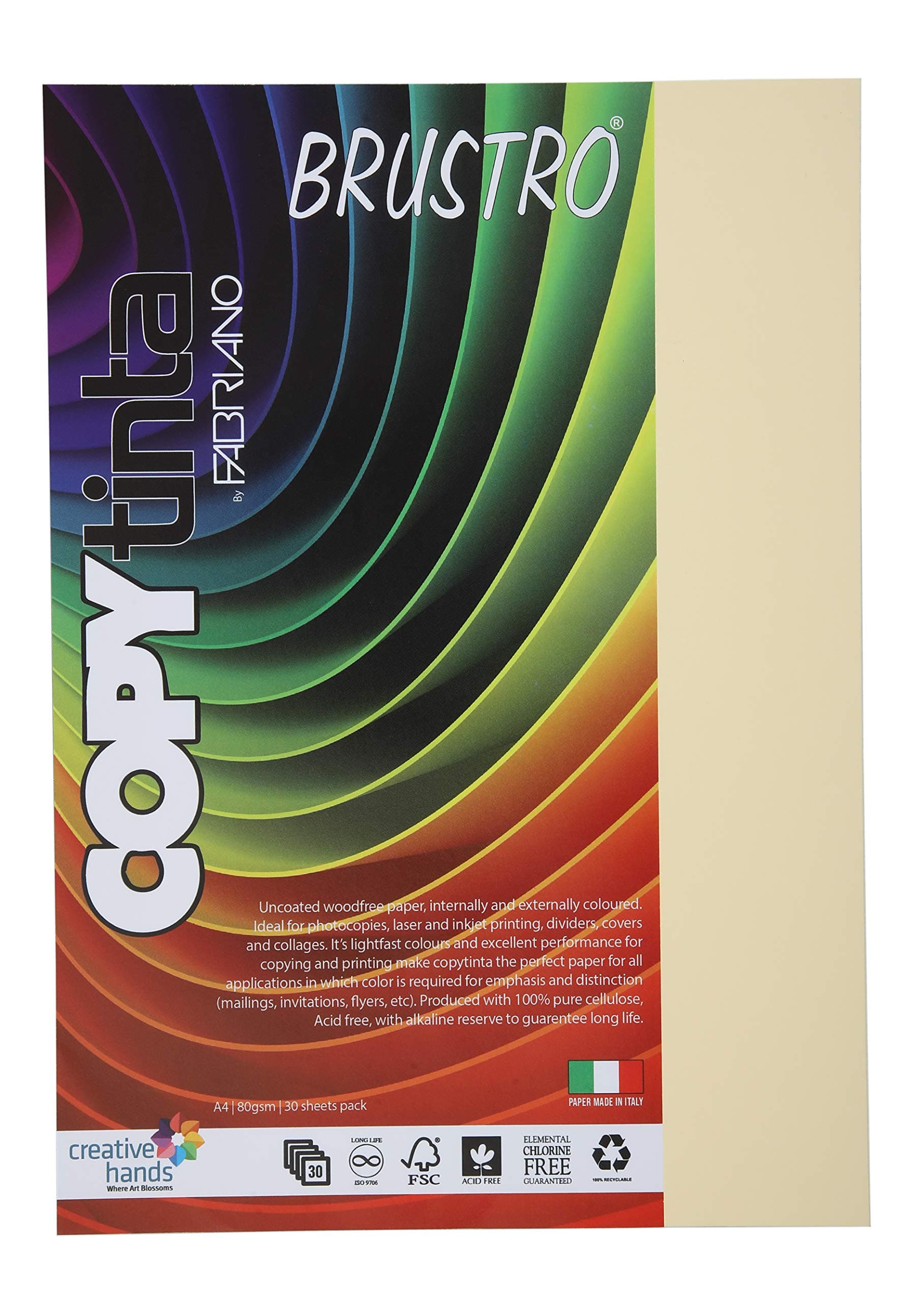Fabriano Copytinta Coloured Craft Paper A4 Size, 80 GSM, (60 sheets), Ivory Shade (Avorio) | Ideal for photocopies, laser, prints, fax, dividers, covers, collages, craft, school, office