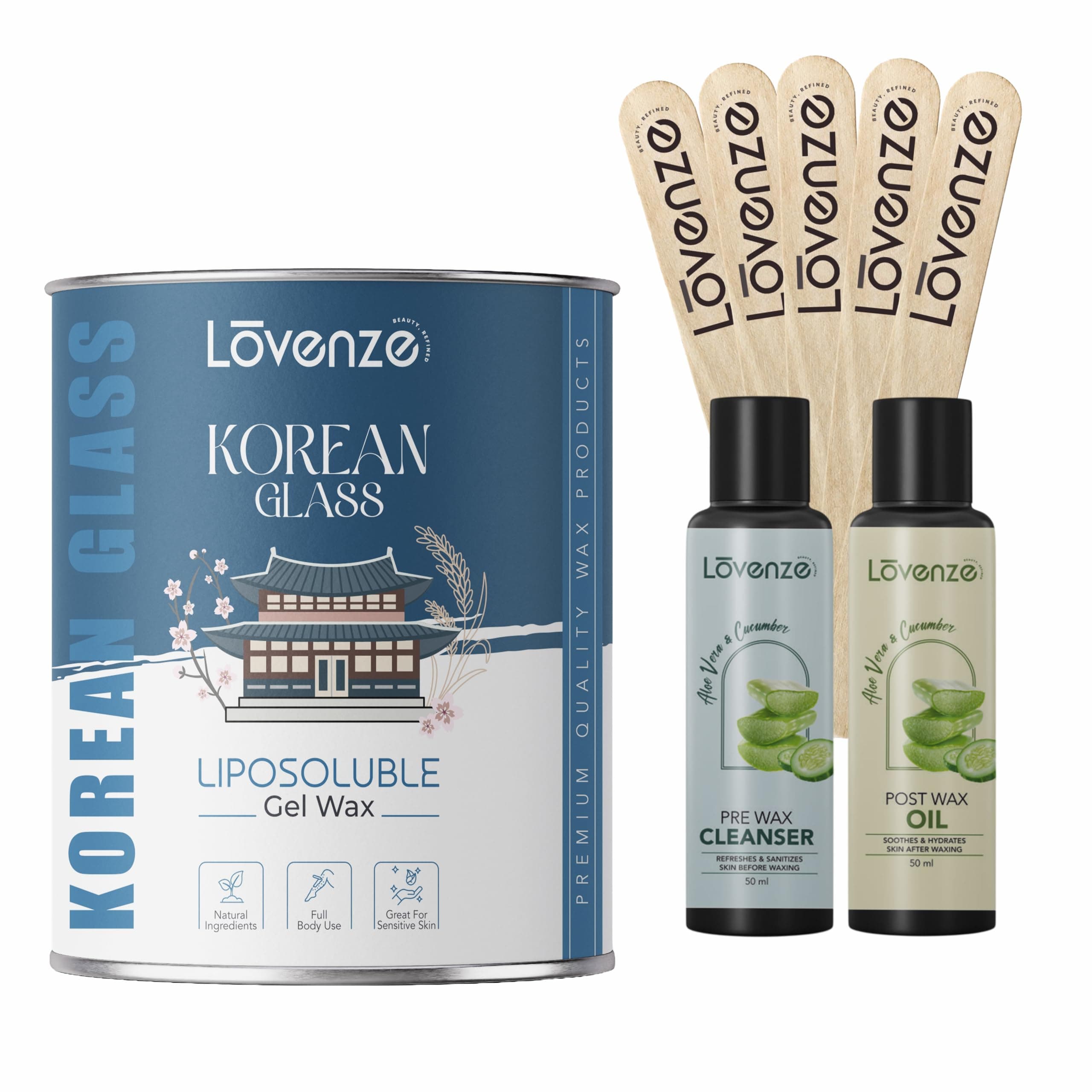Lovenze Korean Glass Liposoluble Gel Wax for Hair Removal, Natural Ingredients, Full Body Use, Great for Sensitive Skin | Get 50ml Pre Cleanser & Post Oil & 5 Pcs spatula Free