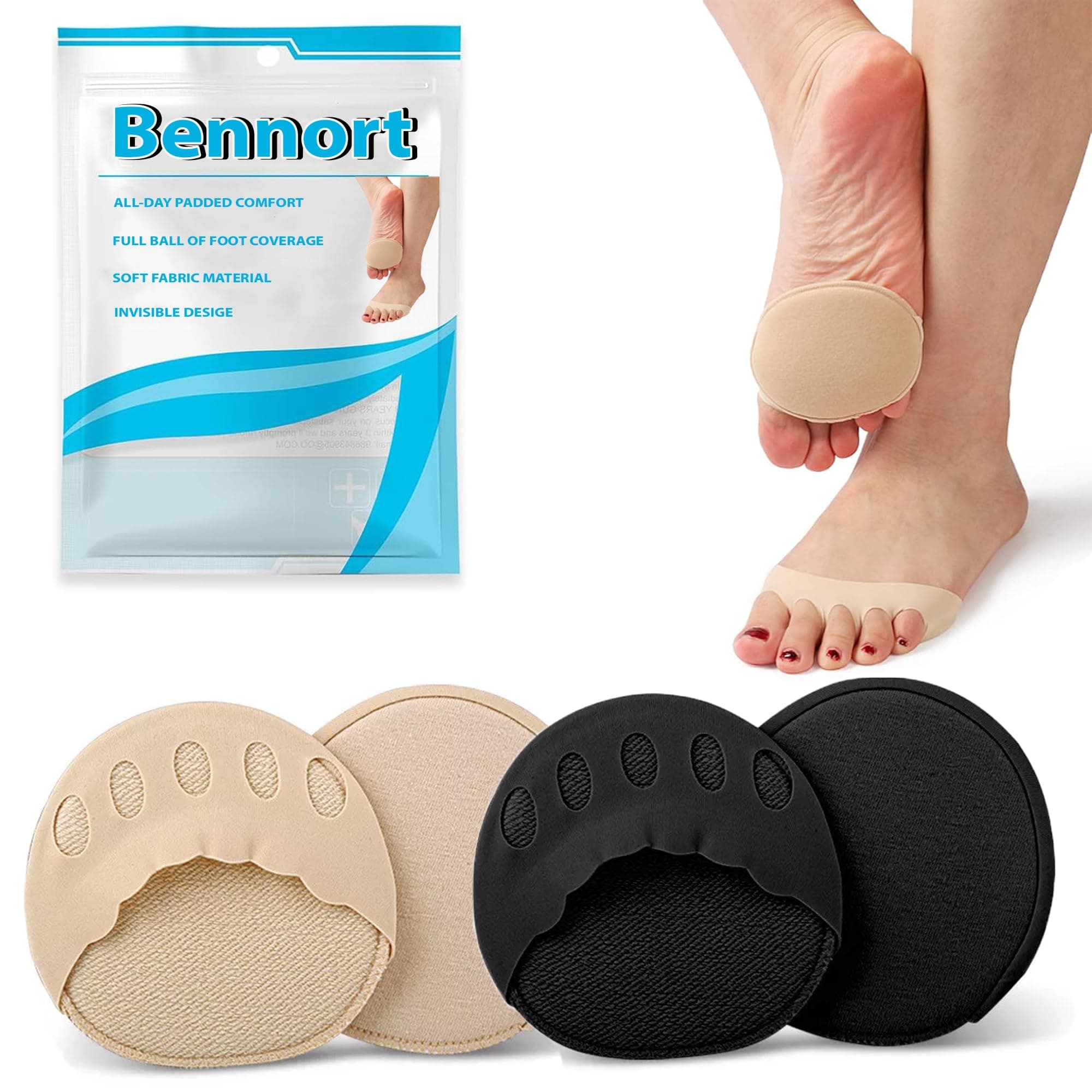 Bennort Forefoot Pads for Women High Heels, 2 Pairs Non-Slip Toe Socks Reusable Ball of Foot Cushions Honeycomb Fabric Metatarsal Pads Invisible Forefoot Socks, Black and Beige