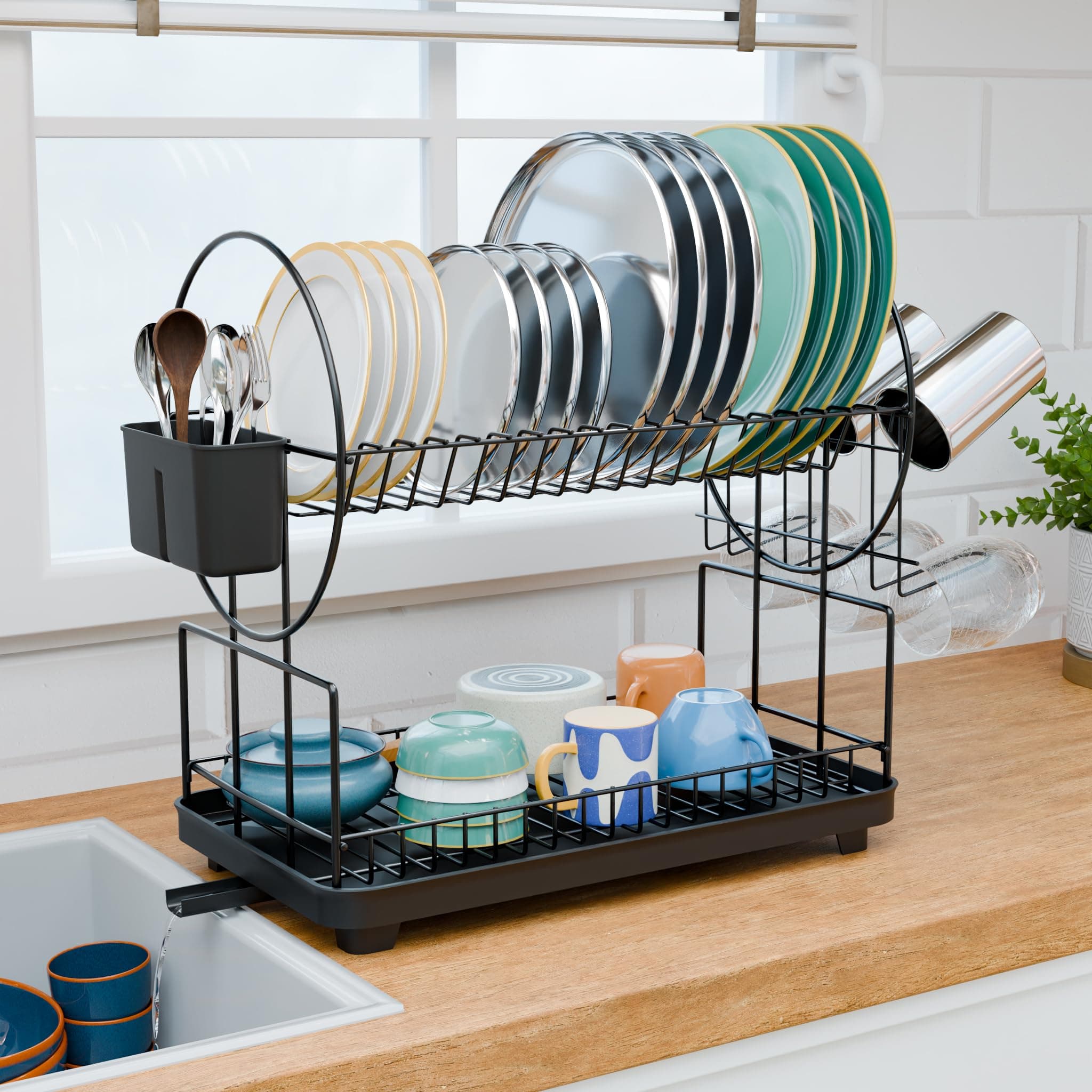 TEX-RO 2 Tier Dish Drying Rack with Drainer Tray for Kitchen | Utensils Drying Rack Steel | Plate Stand with Drain Tray, Spoon Holder, Glass Holder | Countertop Dish Drainer Kitchen Rack - Black