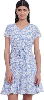 FabAlley Women Blue Floral Ruffled Belted Dress