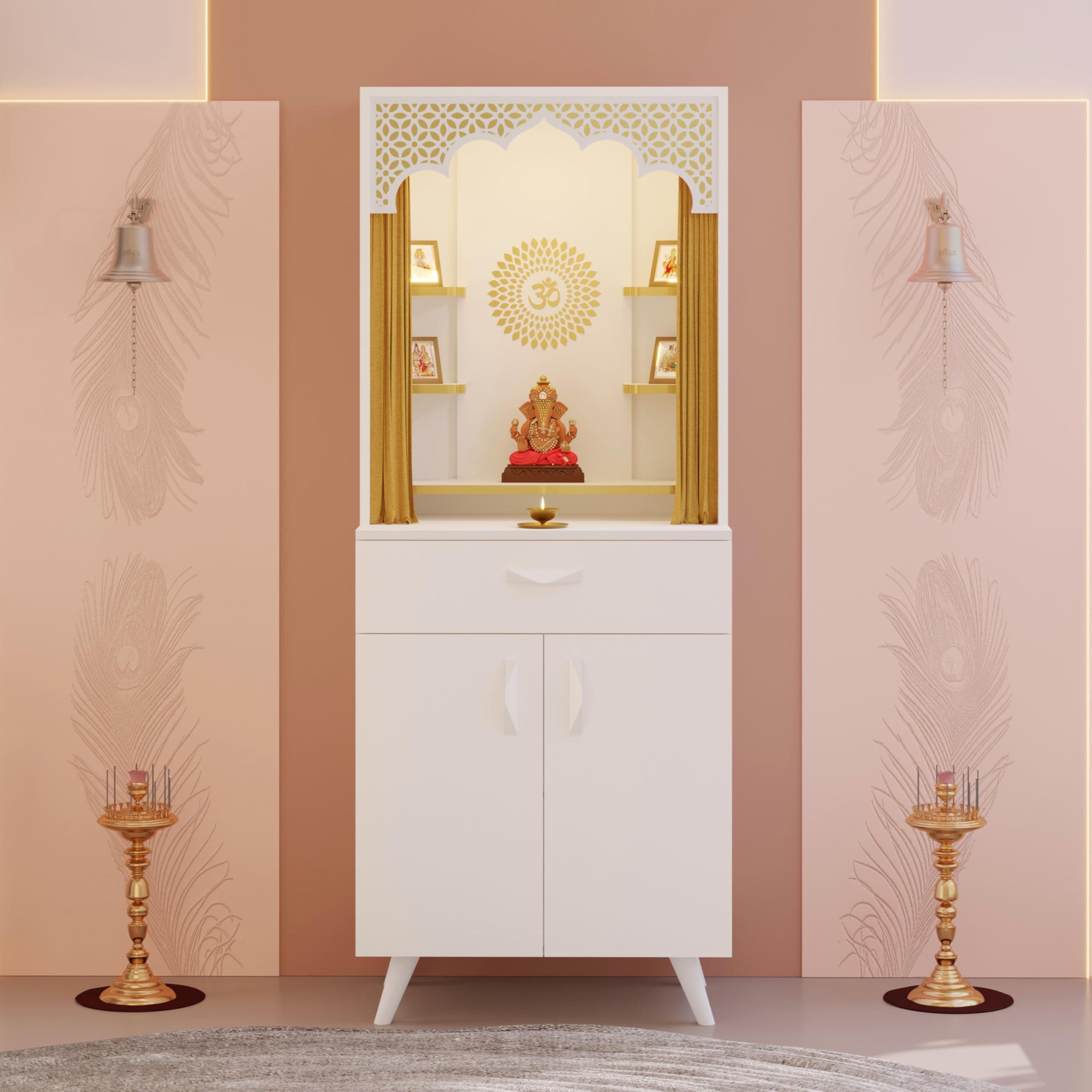 BLUEWUD Sharnam Mandir, Big Size Temple for Home with Storage Cabinet, Pooja Stand, Doors, Drawer & Golden Curtain, Floor Standing Puja Room Altar for Living Room (DIY-White) (Sharnam Puja Mandir)