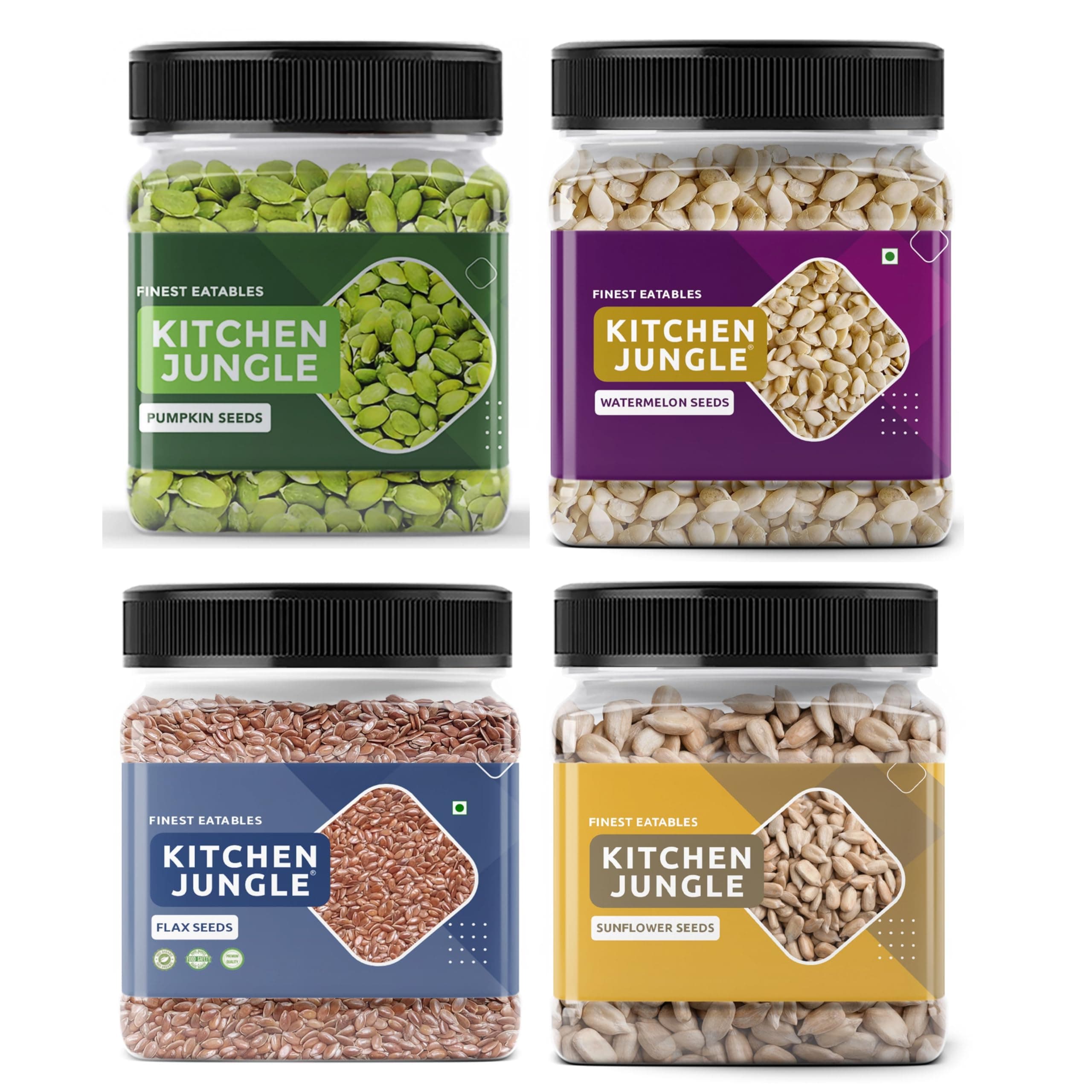 Kitchen Jungle Combo Seed 4 x 250GM Each Jar (Total 1000GM) Natural Pumpkin, Sunflower, Chia, Watermelon, Flax Seeds with High Dietary Fiber