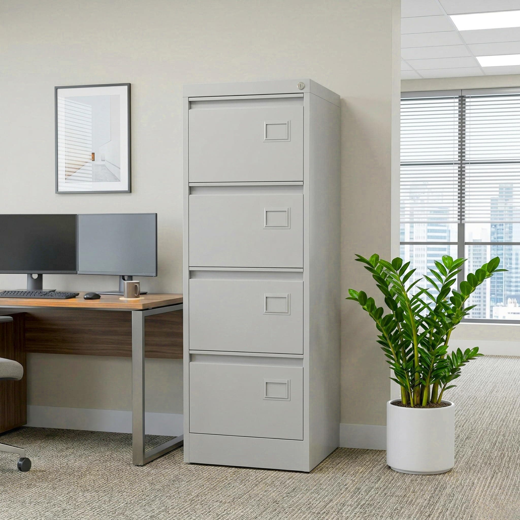 Shubham Furnitures 4 Drawer Powder Coated Steel Filing Cabinet for Office & Home | Lockable Legal & Letter Size File Storage Organizer | Anti Tilt Heavy Duty Metal Document Cabinet Light Grey
