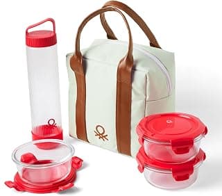 United Colors of Benetton United Colors of Benetton Lunch Bag Set 3 Glass Containers Bottle Red | Insulated leakproof tiffin kit with 3 glass containers and borosilicate bottle, BPA - for office, school, travel