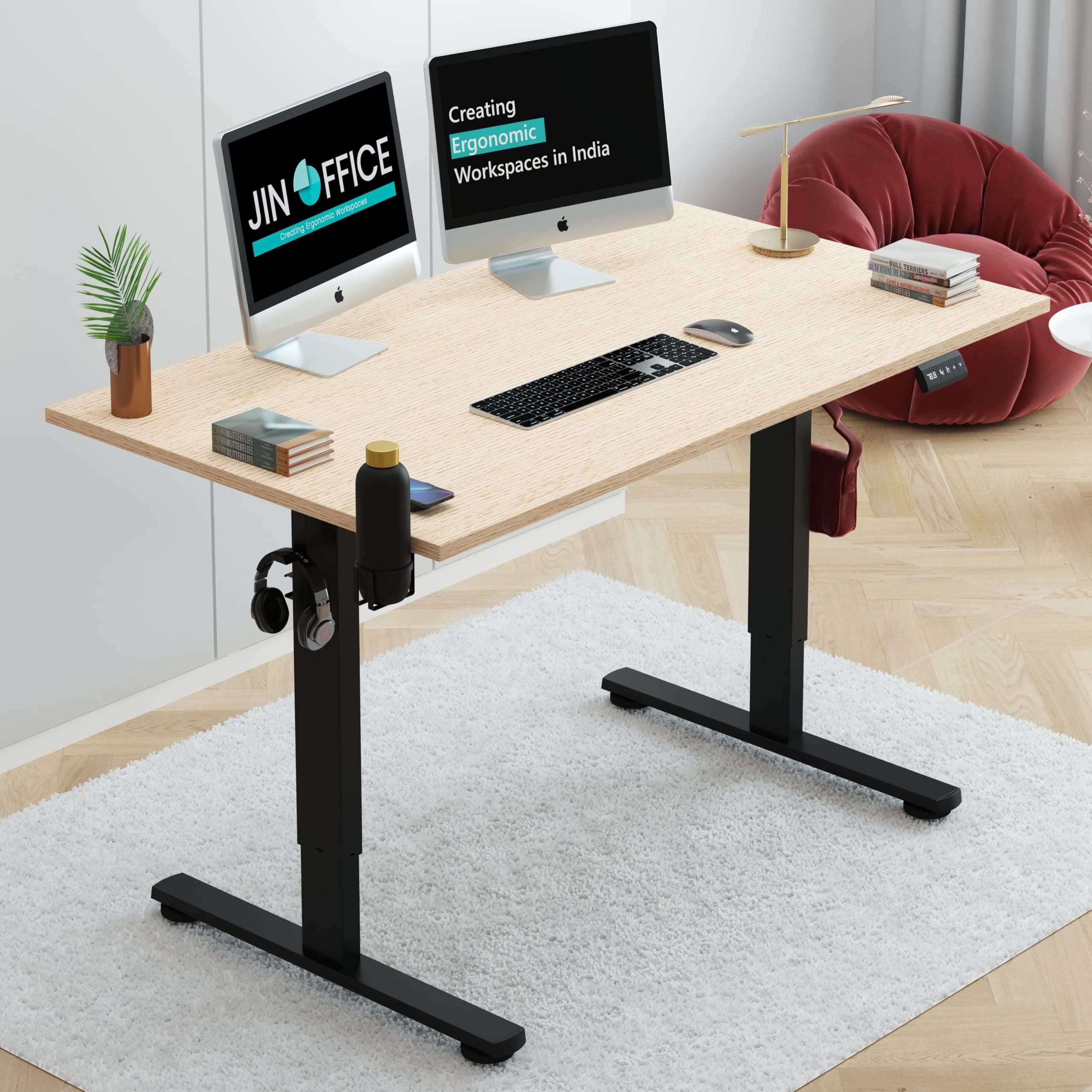 JIN OFFICE Octave Height Adjustable Desk Electric| Sit Stand Desk, 80 Kg Wt. Cap, 2 Year Warranty| Standing Table with Memory Preset, Cup Holder| Stability Crossbar| Maple 1200 * 750mm/25mm Thick Top