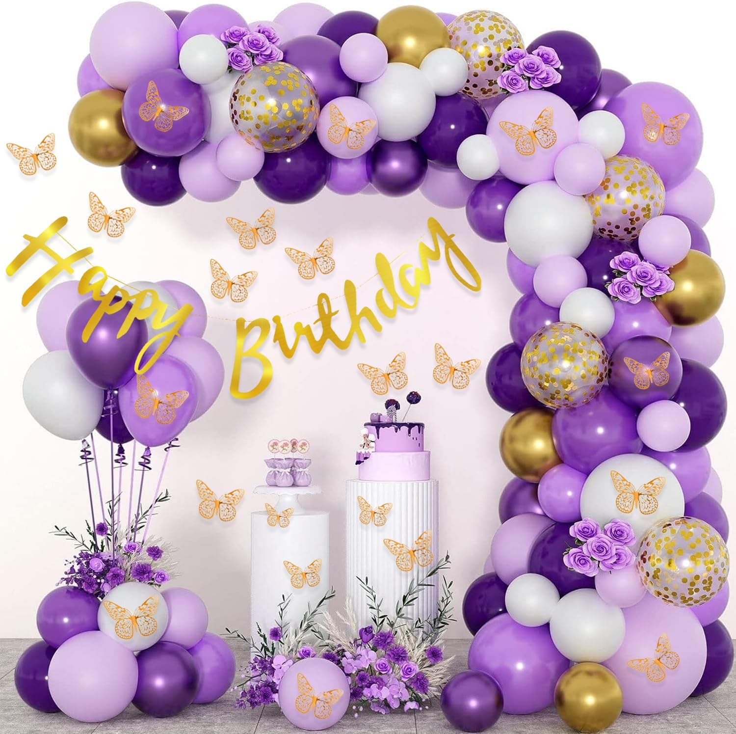 Rozi Decoration Butterfly Latex and Cardstock Set - 78 Pcs Purple Theme Birthday Kit for Girls | Happy Birthday Items | Purple Balloons