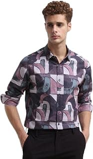 MUFTI Men Shirt | Slim Fit Spread Collar Abstract Print Design | 100% Cotton Plain Weave Fabric for Party