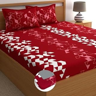 Dreamscape 100% Cotton King Fitted Bedsheet with 2 Pillow Covers - (Size 72 x 78 inches, 140TC, Colour - Red)
