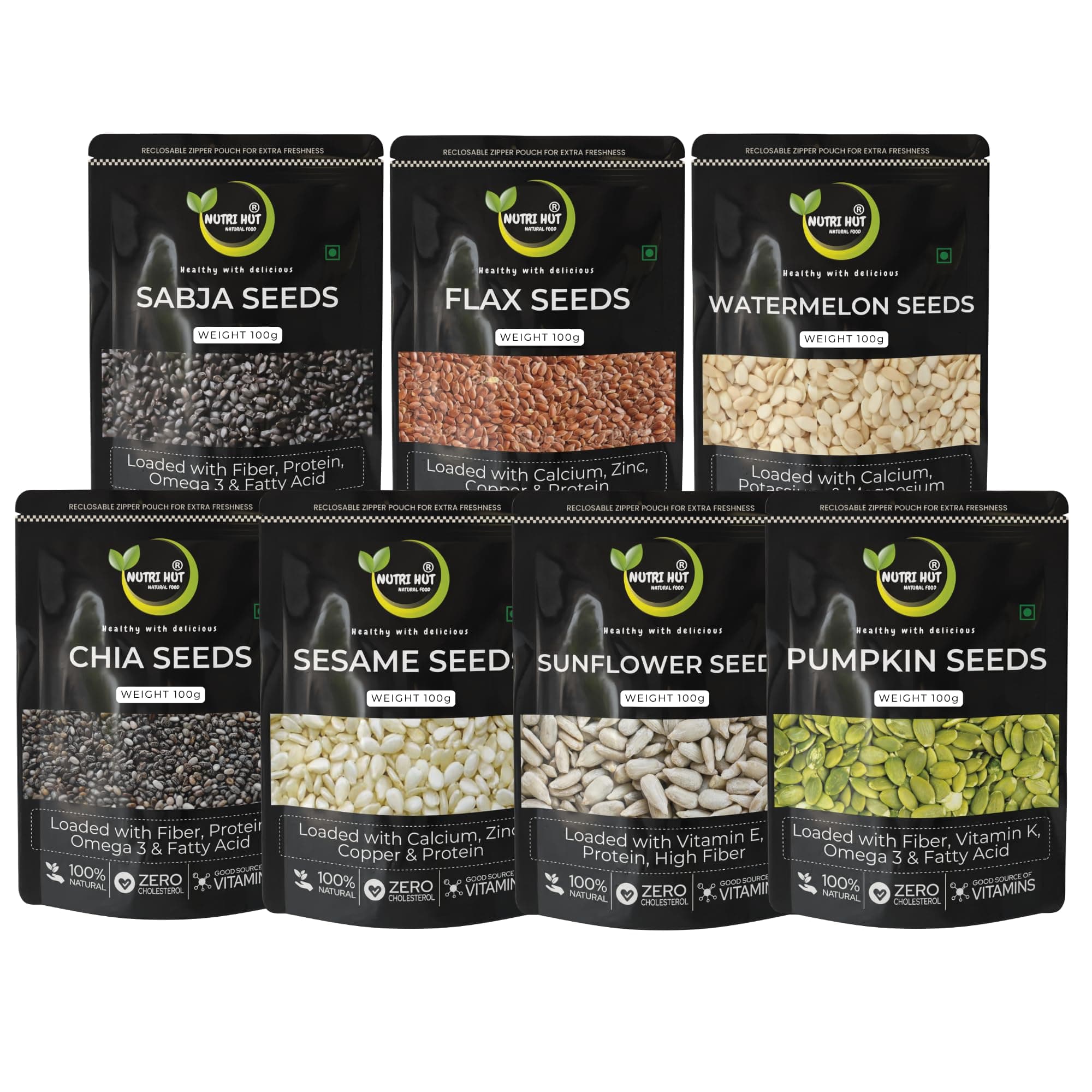 Nutri Hut 7-in-1 Super Seeds Combo | Pumpkin, Sunflower, Chia, Flax, Watermelon, Sesame & Sabja | Eco-Friendly Pack | 100g Each | 700g