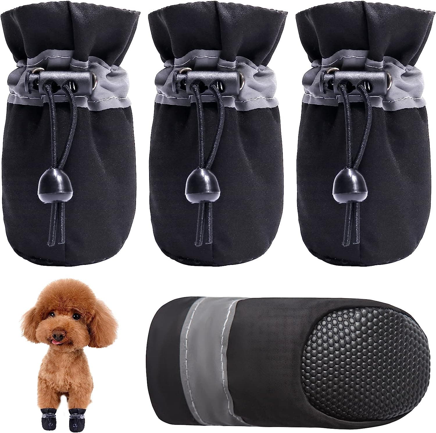 KUTKUT Dog Shoes for Small Puppies,Pack of 4Pcs Anti-Slip Dog Boots with Reflective Stripe & Comfortable Soft Soled Skidproof Sneakers, Adjustable Drawstring for Newely Born Puppies(Black,Size:1)