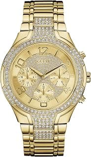 GUESS Women U0628L2 Sporty Gold-Tone Analog Watch With Champagne Dial, Crystal-Accented Bezel And Stainless Steel Pilot Buckle, Gold Band