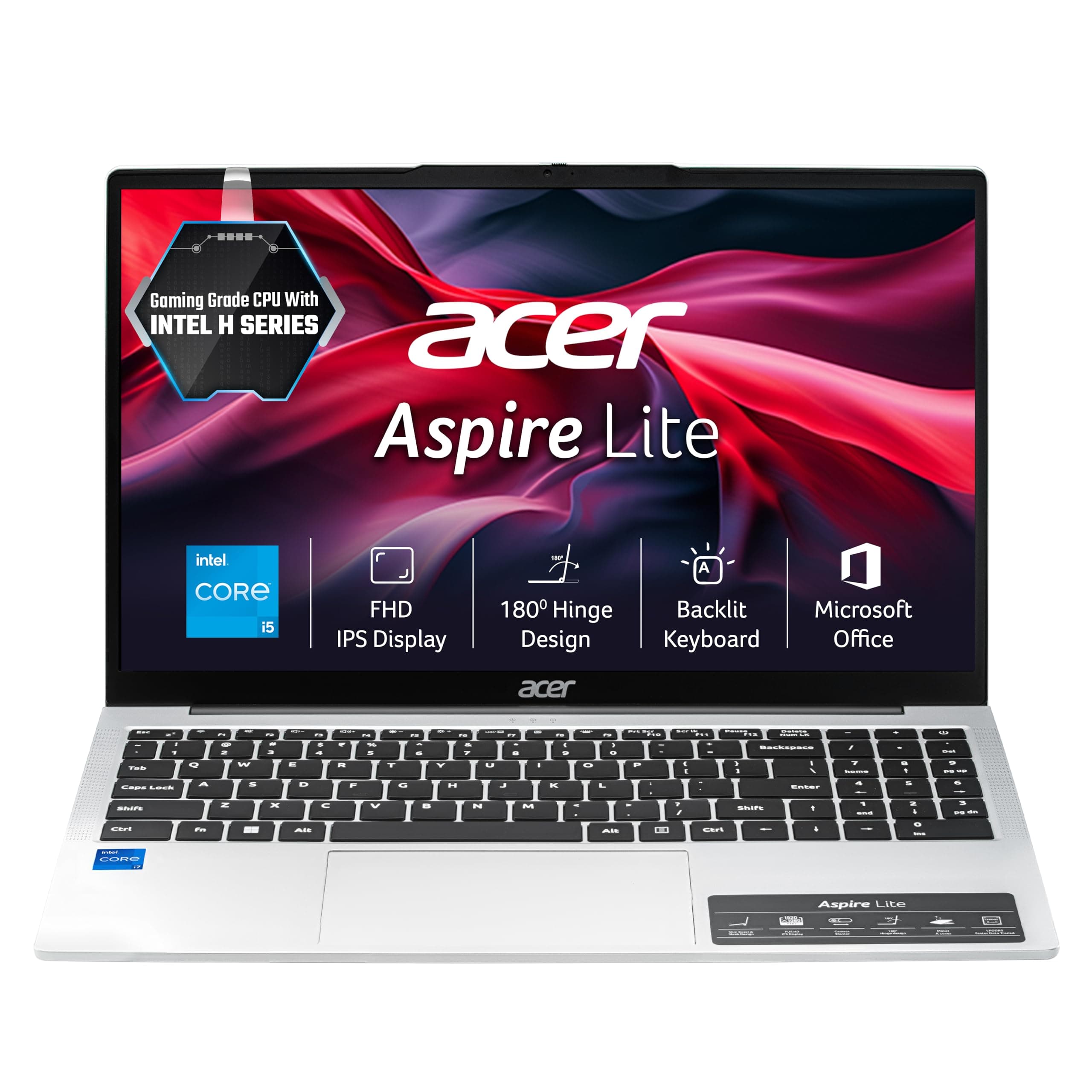 Acer Aspire Lite, Intel Core i5-12450H,12th Gen,16GB/512GB SSD, FHD IPS, 15.6"/39.62cm, Win11 H, Office 2024 + M365, Pure Silver, 1.7KG, AL15-52H, Backlit KB, Thin & Light Laptop