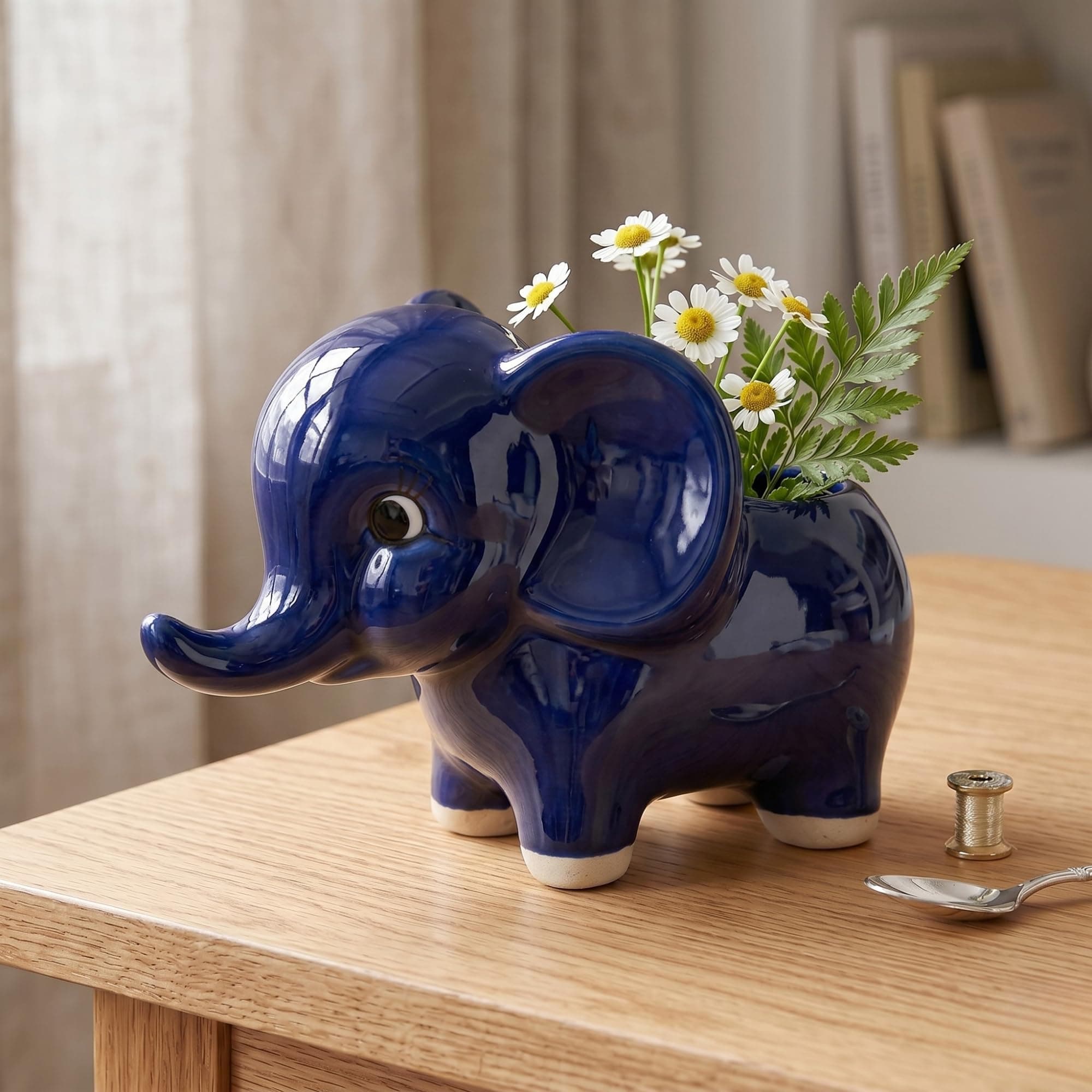 HANDECORA Decorative Blue Elephant Planter Pot for Succulents and Flowers | Cute Animal Ceramic Pot for Home & Living Room Decor | Glossy Finish Indoor Plant Container