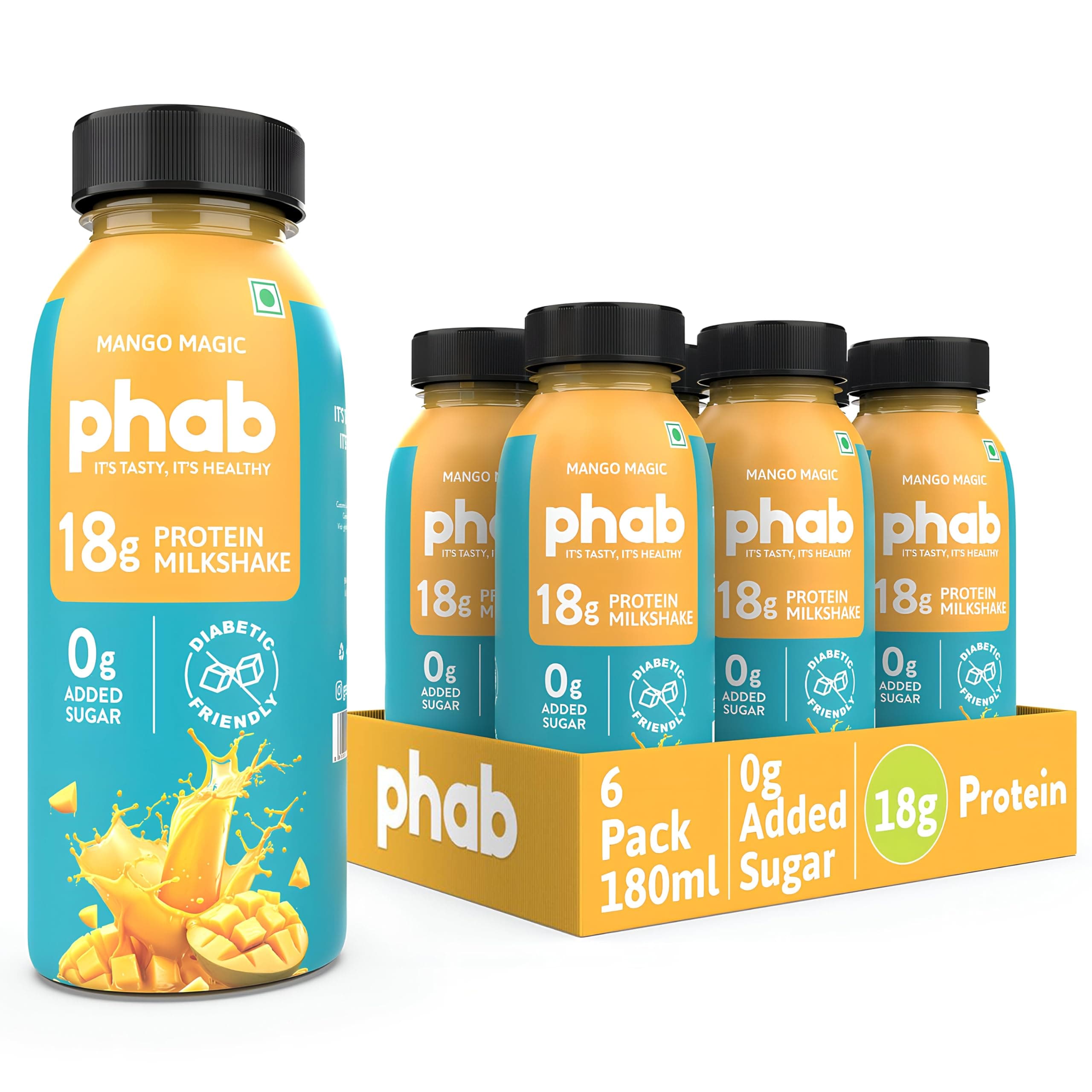 Phab Mango Protein Milkshakes With 18G Protein & No Added Sugar|Gluten-Free & Gut-Friendly, Trans Fat Free|Rich Source Of Fibre & Pre-Biotics|Healthy & Delicious Protein Shake (180Ml X Pack Of 6)