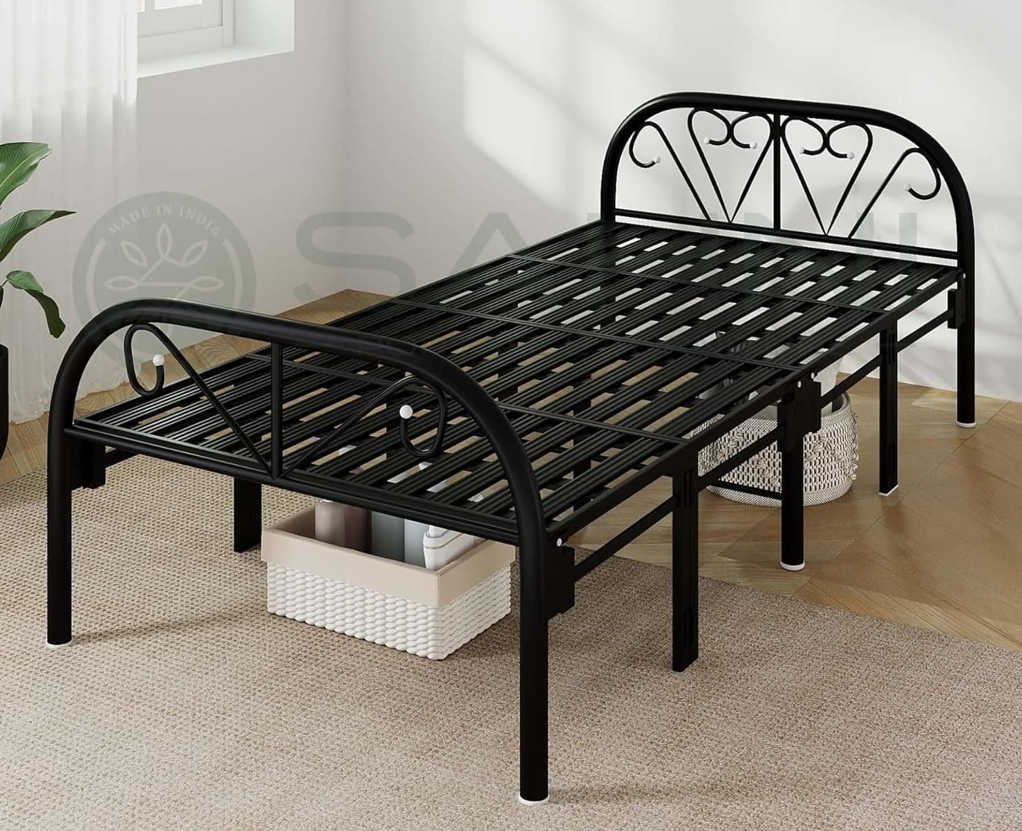 SAHNI PORTABLE FURNITURE Foldable furniture Iron Metal Glossy Finish Single with Black Stripes Folding Bed (188 cm x 91cm Official Manufacturer)