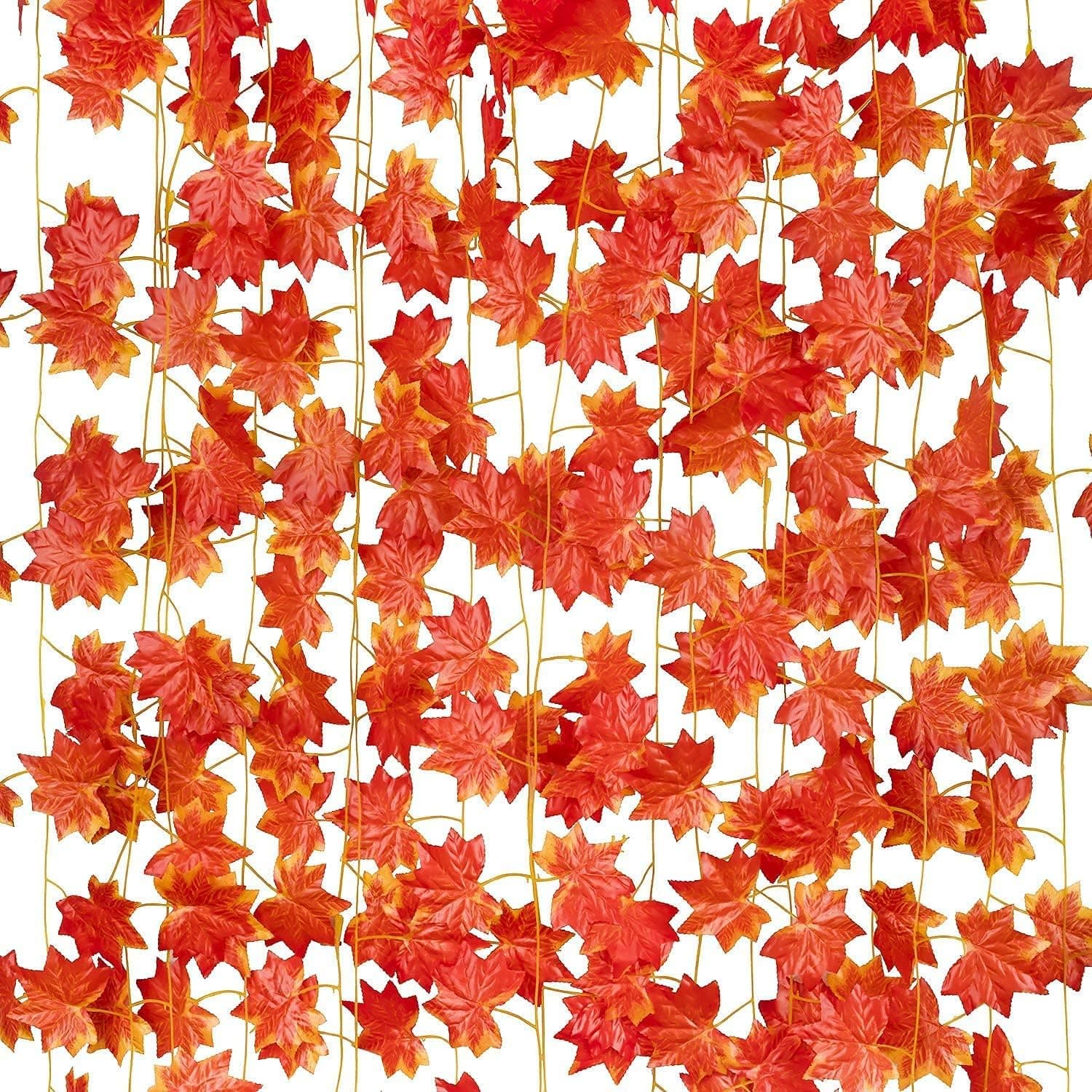 Sheux Artificial Maple Orange Leaves String - Autumn Like Decor for Home, Office, and Events Decoration, Heavy Leaves Plant String (8 feet Long, Pack of 24) Safe & Non-Toxic Feng Shui Plant