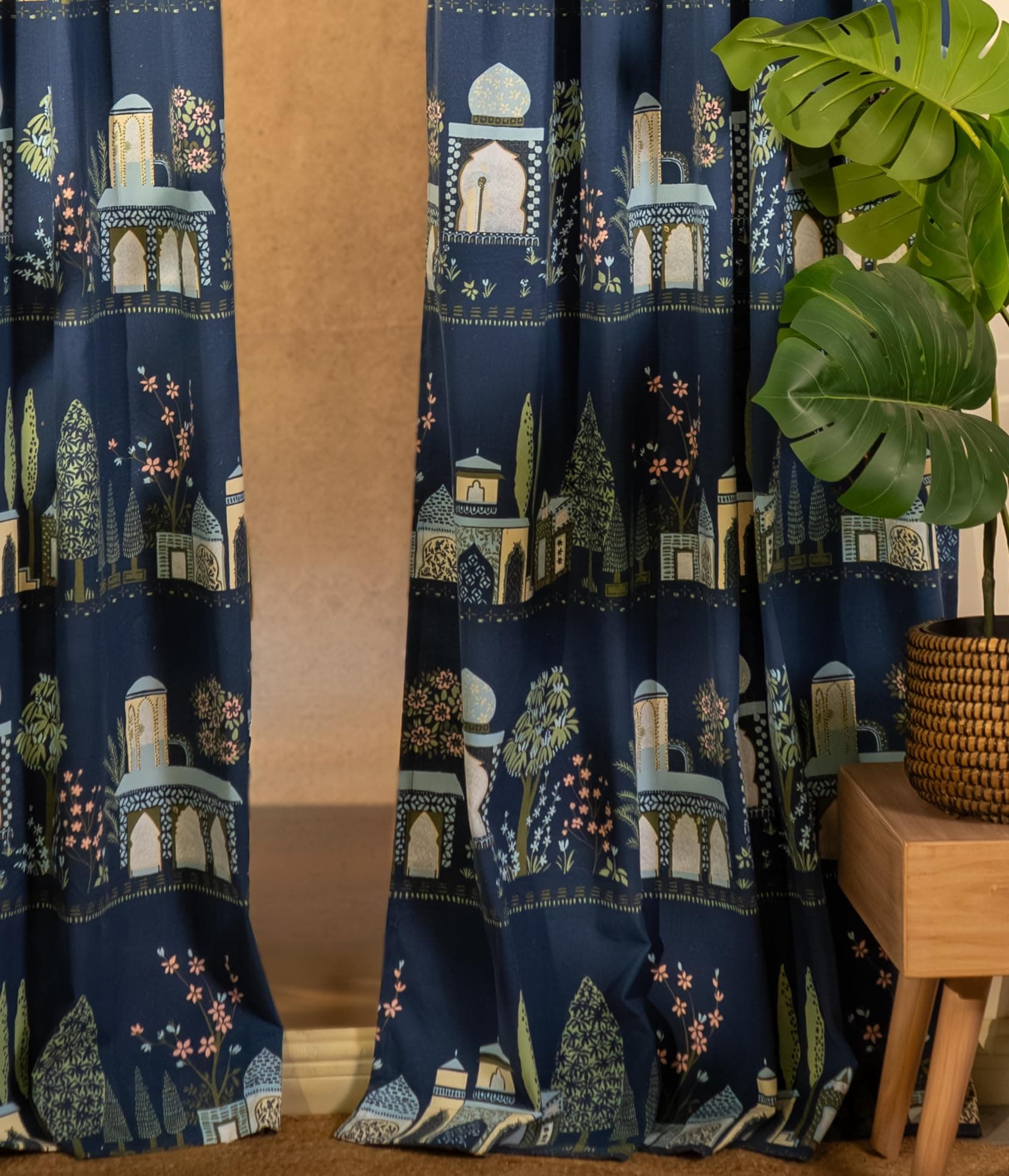 Tranquebar Curtain Co. Cotton Curtains 7 Feet Long Set of 2,60-65% Room Darkening,Blue Mughal Print,Door Curtains 7 Feet Set of 2,Door Curtains 7 Feet Set of 2,BackTabs, Agra (213 cm)-Set of 2
