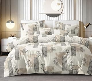DECOR2ADMIRE 300 TC Super King Size Glace Cotton Printed Bedsheet with 2 Pillow Covers - 108" x 108" (275cm x 275cm) - Available in Multiple Elegant Designs (Beige Box Print)