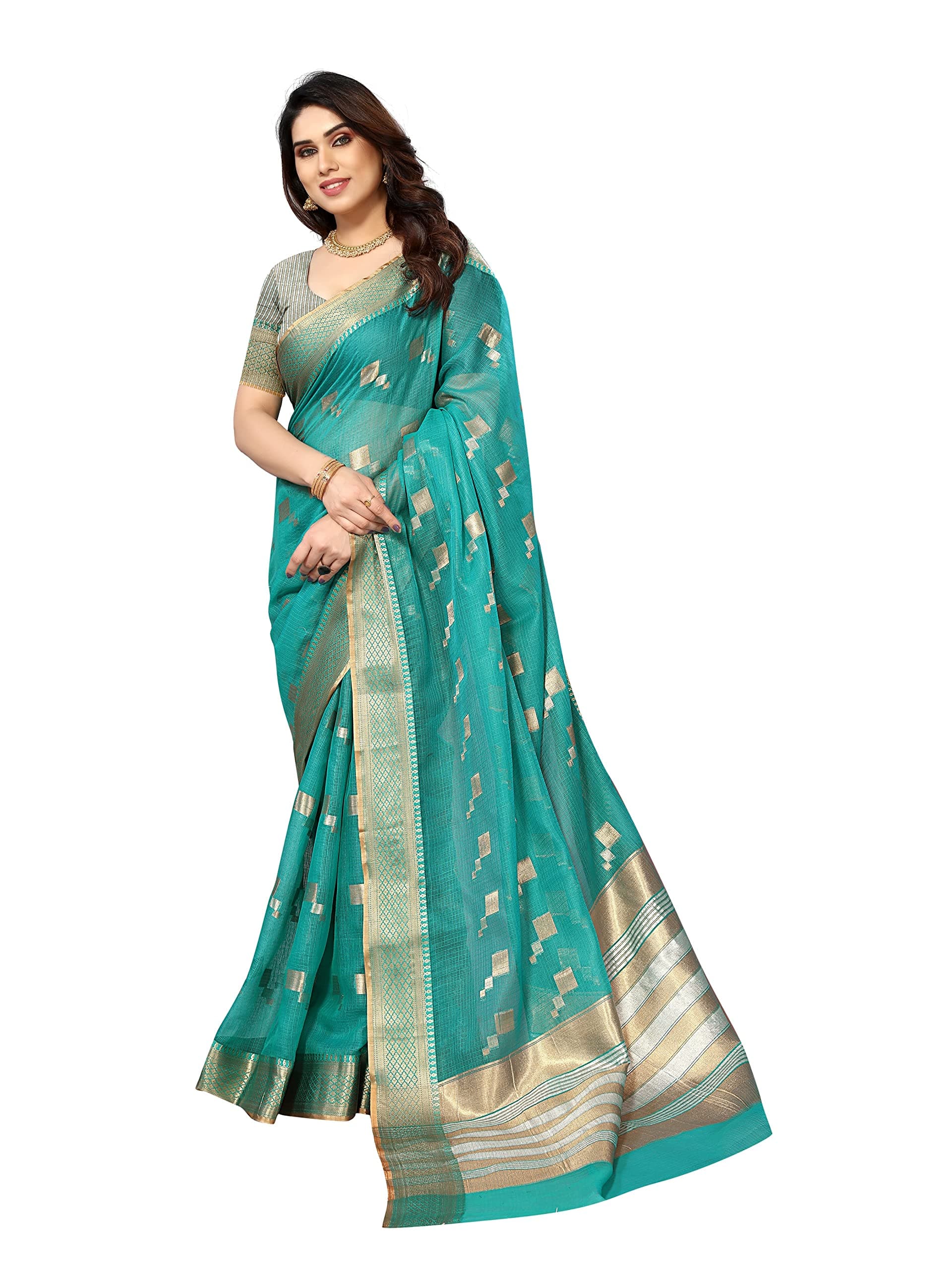 Sidhidata Women's Kota Doria Cotton Manipuri Jacquard Boarder Saree With Unstitched Blouse Piece (Box Butta)