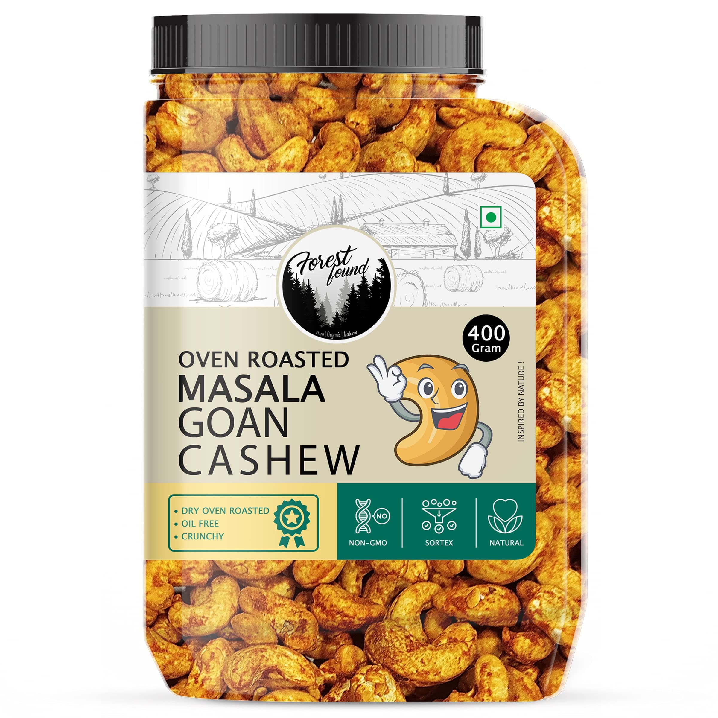 Forest Found Oven Roasted Chilly Masala Cashews (400g) – 100% Oil-Free & Non-Fried Kaju | Low Sodium Healthy Snack | Premium Crunchy Spicy Cashew Nuts