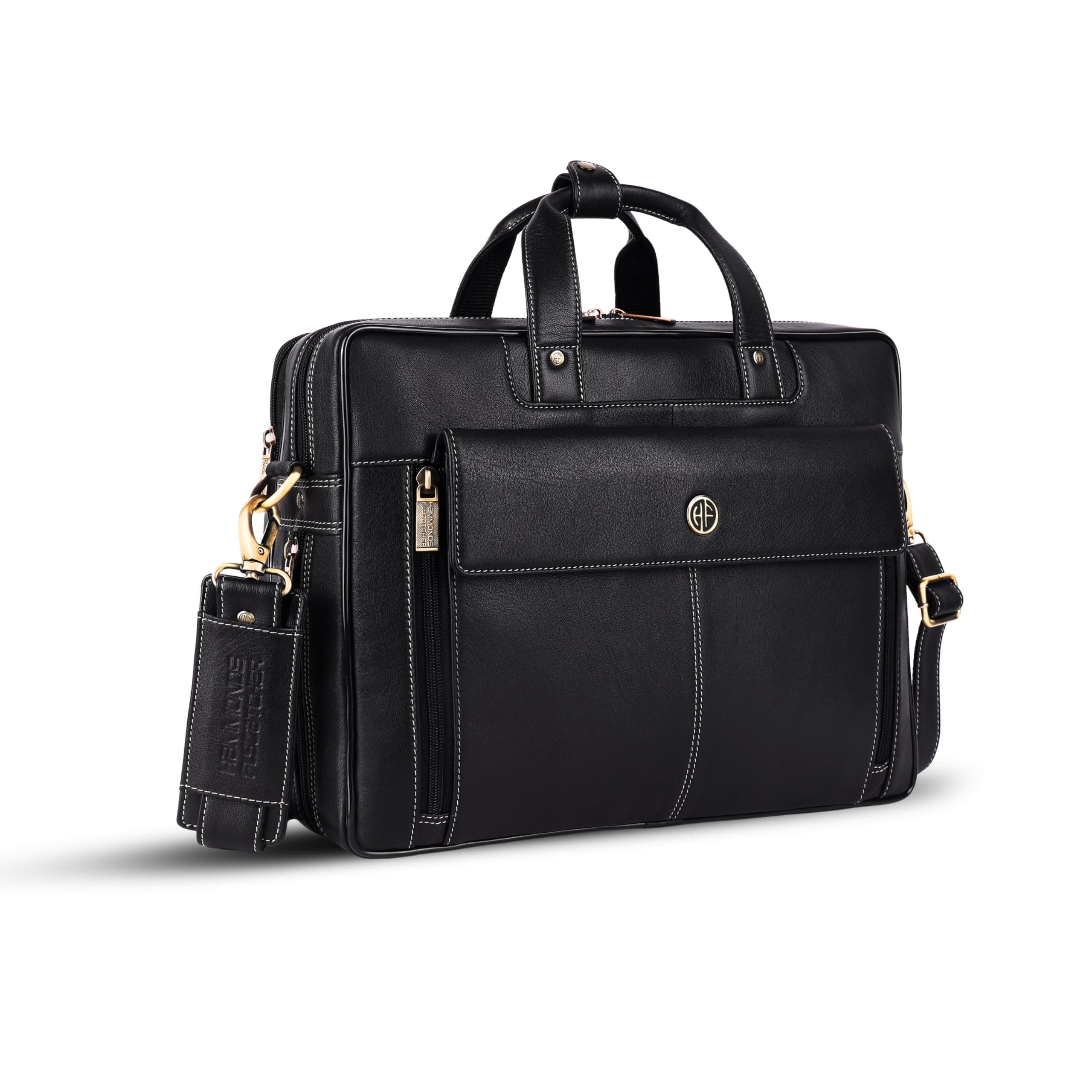 HAMMONDS FLYCATCHER Genuine Leather Office Bag for Men, 15.6" Professional Leather Laptop Bag for Men for Office, Travel, Daily Use, Adjustable Strap & Multi Compartments, 1 Year Warranty - Onyx Black