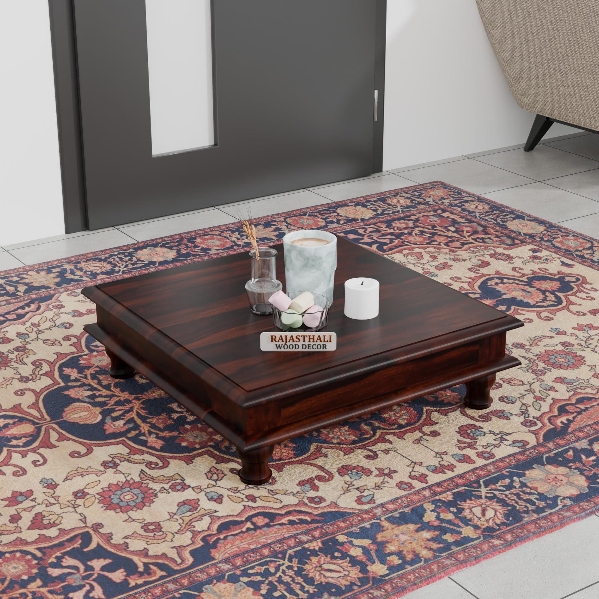 Rajasthali Furniture Sheesham Wood Pooja Chowki for Home Temple | Designer Wooden Square Pooja Table || Wooden Bajot for Pooja, Home Decor & Festivals Pre-Assembled (51 x 17 CM_Walnut Finish)