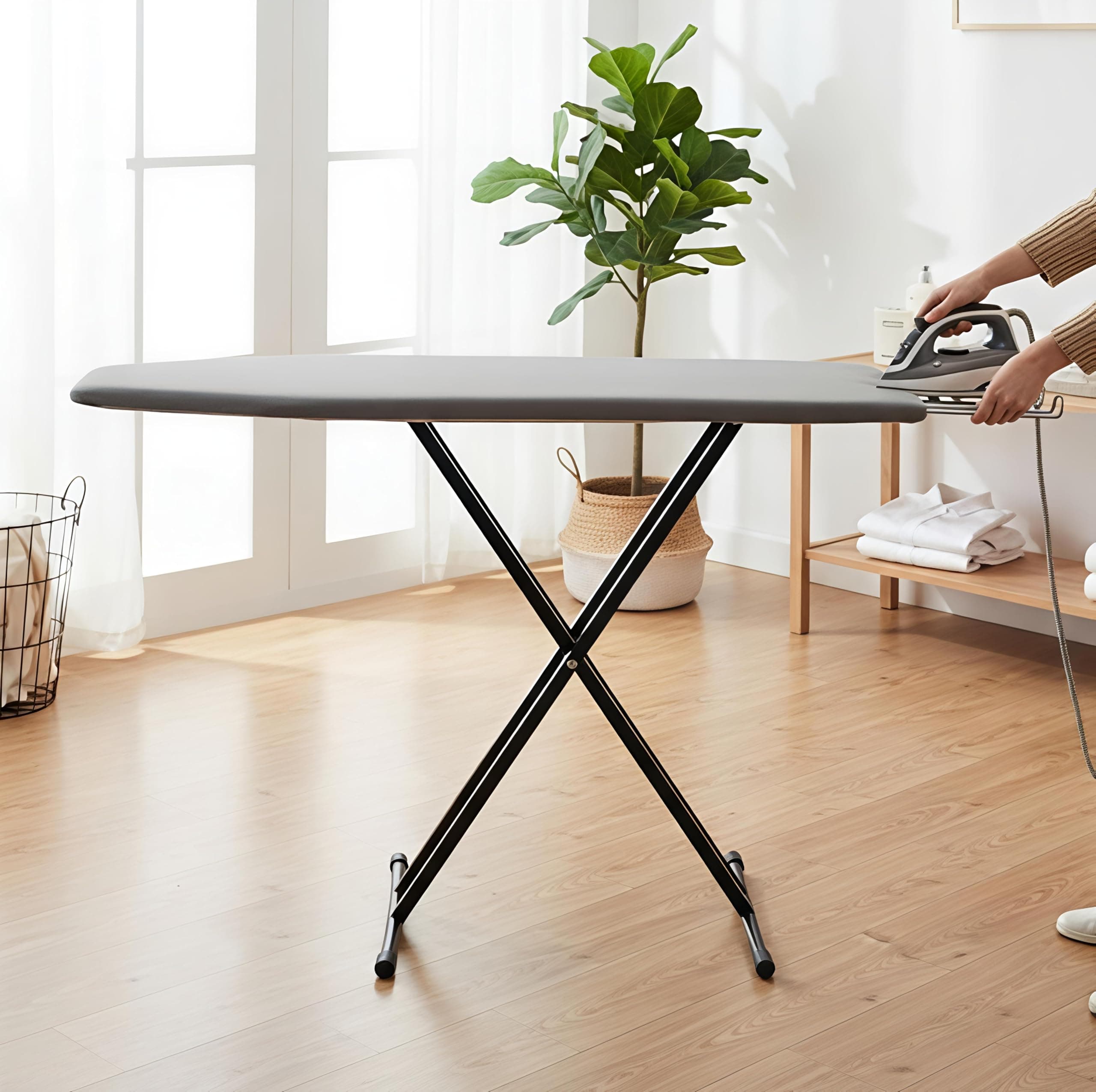Premium Foldable Ironing Board with Iron Rest & Adjustable Height | Heavy-Duty Steel Frame | Heat-Resistant Padded Cover | Stable Non-Slip Legs | Space-Saving Design for Home Use (Grey and Black)
