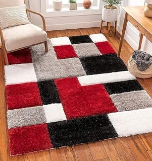 Vintage Threads 4x6 Feet Shaggy 3D Curved Carpet for Living Room & Bedroom | Soft Fluffy High Pile Area Rug | Modern Decorative Shag Rug for Home Décor Kids Room Lounge (Red Box)