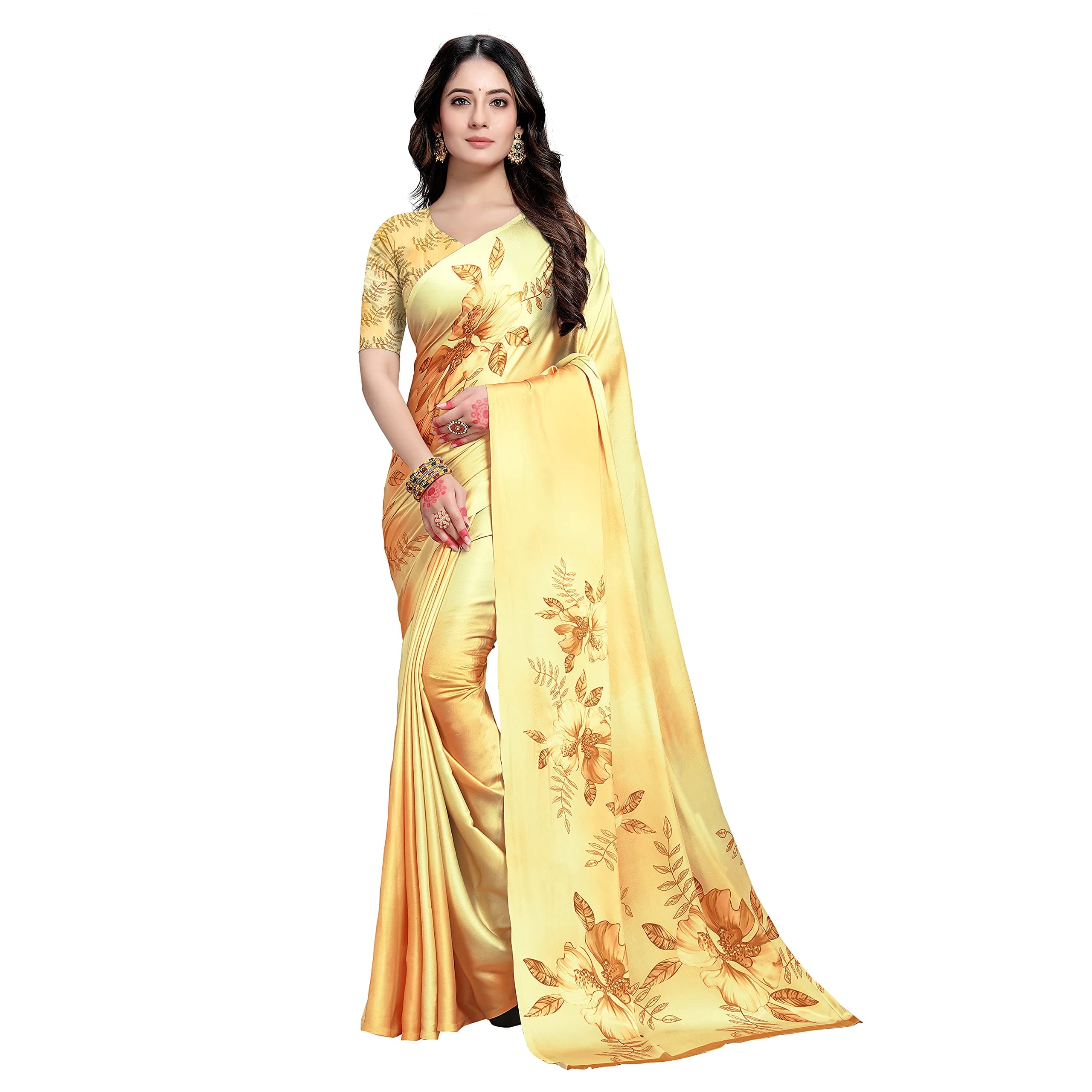 Rekha Maniyar Women's Japan Satin Digital Floral printed Fashion Saree With Blouse Piece