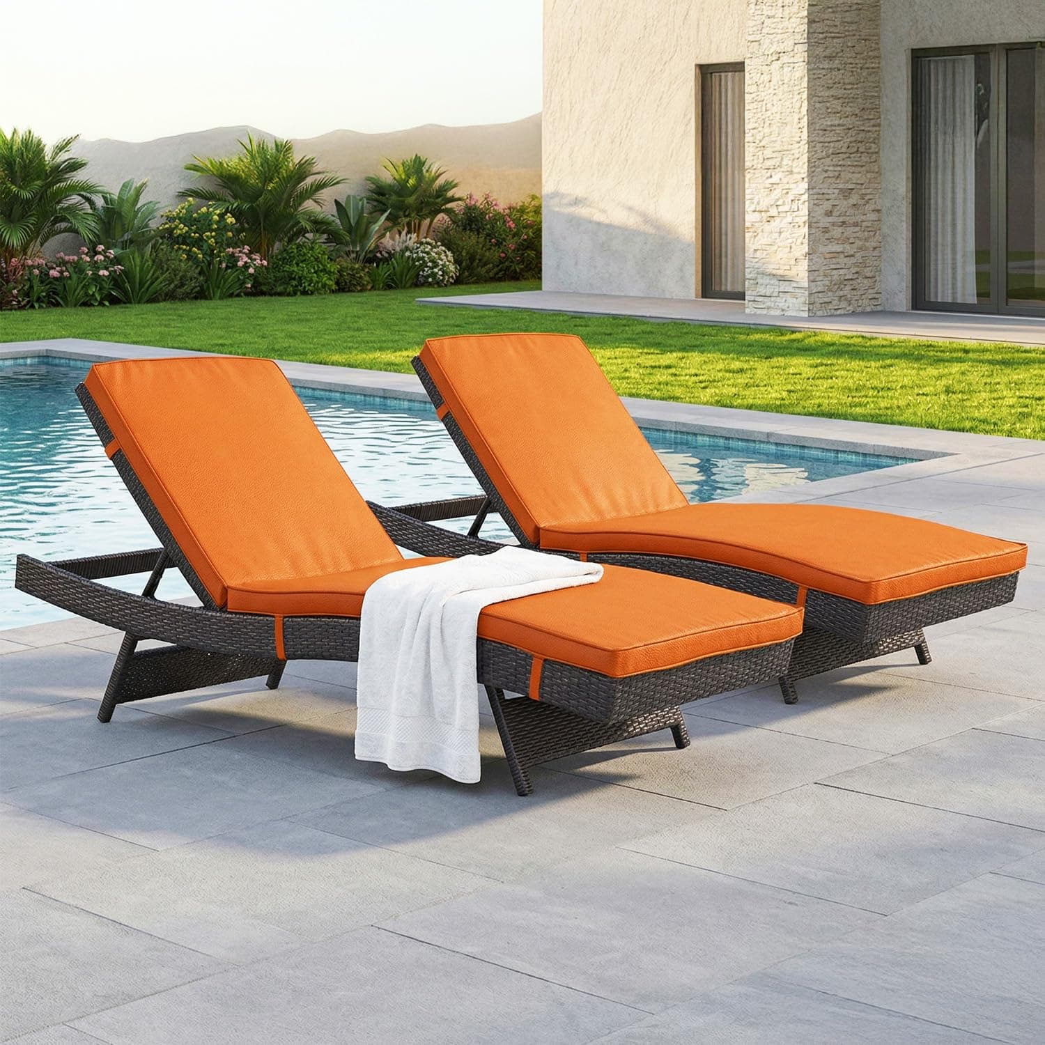 DEVOKO Outdoor Wicker Set of 2 Reclining Loungeer with Adjustable Backrest All Weather Comfort Weatherproof Cushions & Durable Metal Frame for Poolside, Garden (Dark Brown & Orange)