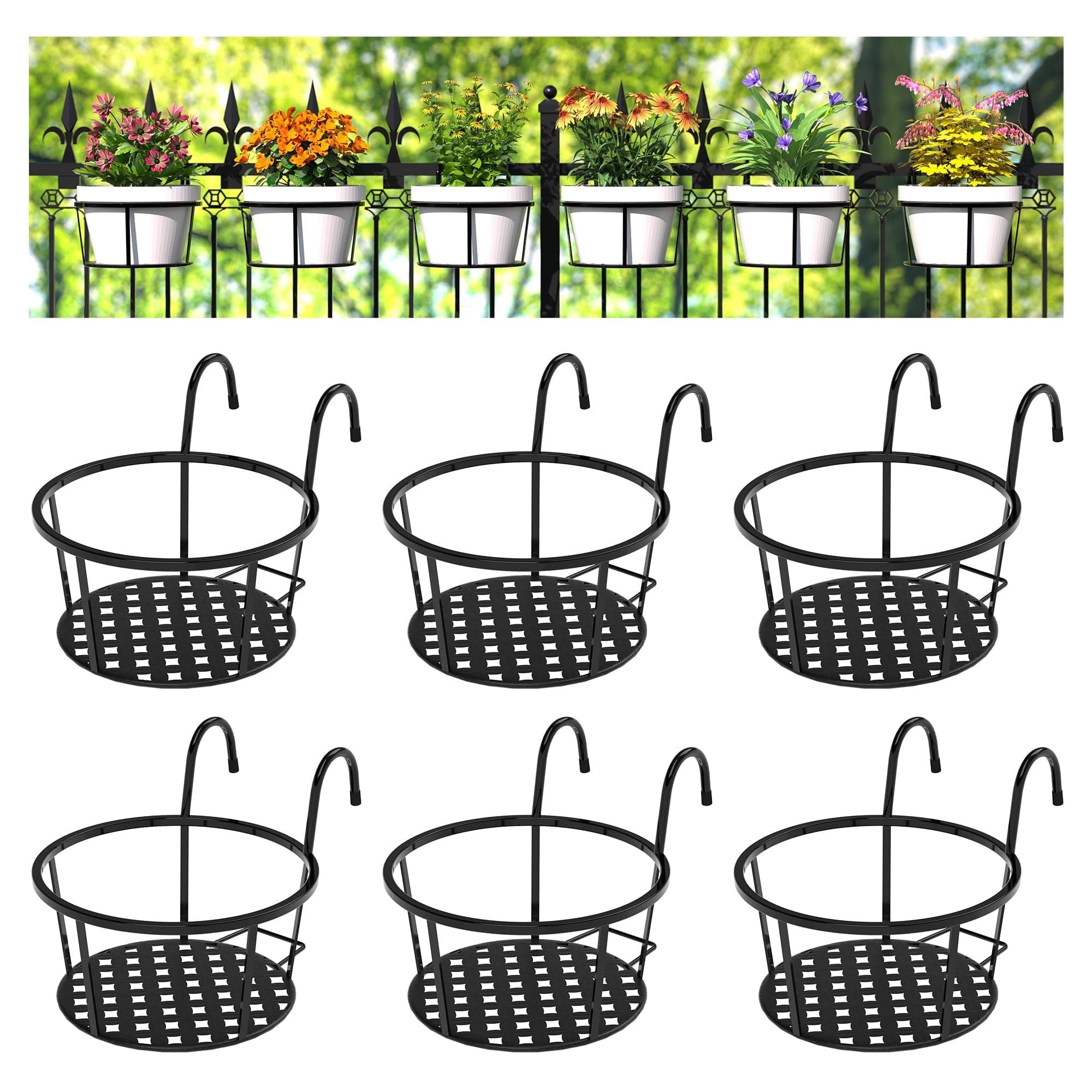 CADANI 6 Pack Hanging Baskets Flower Pot Holder Over The Rail Metal Fence Planters, Black