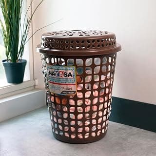 Nayasa Plastic Laundry Basket with Lid - 44 Ltrs | Ventilated Clothes Hamper with Easy-Grip Handles | Clothes & Toy Storage Organizer |(Round Petal) Brown