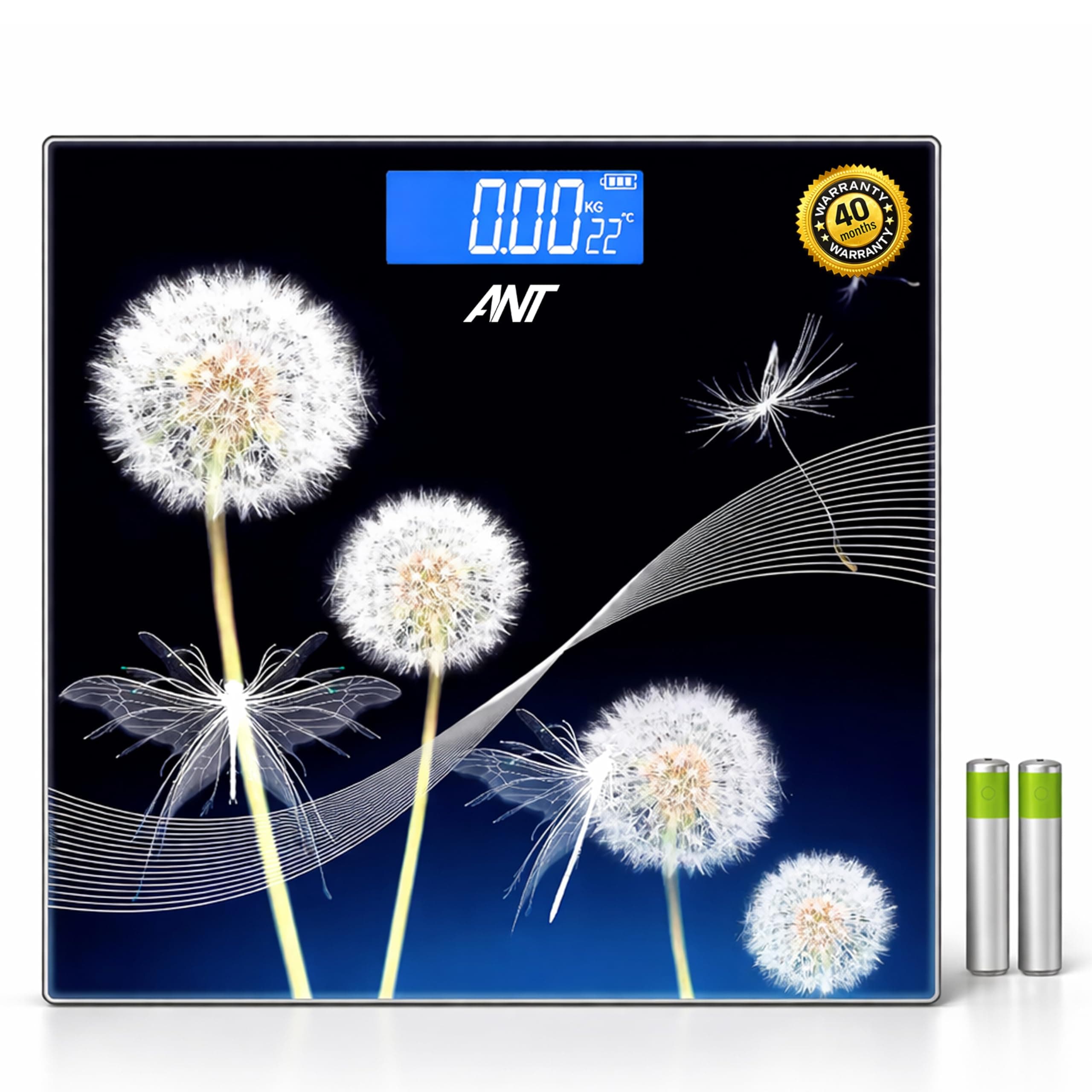 ANT Flora Dandelion Personal Digital Bathroom weighing scale for Human body Weight measurement with Wide LCD Display Thick Tempered Glass for Home & Gym | 40 Months Warranty | Battery Included - Black