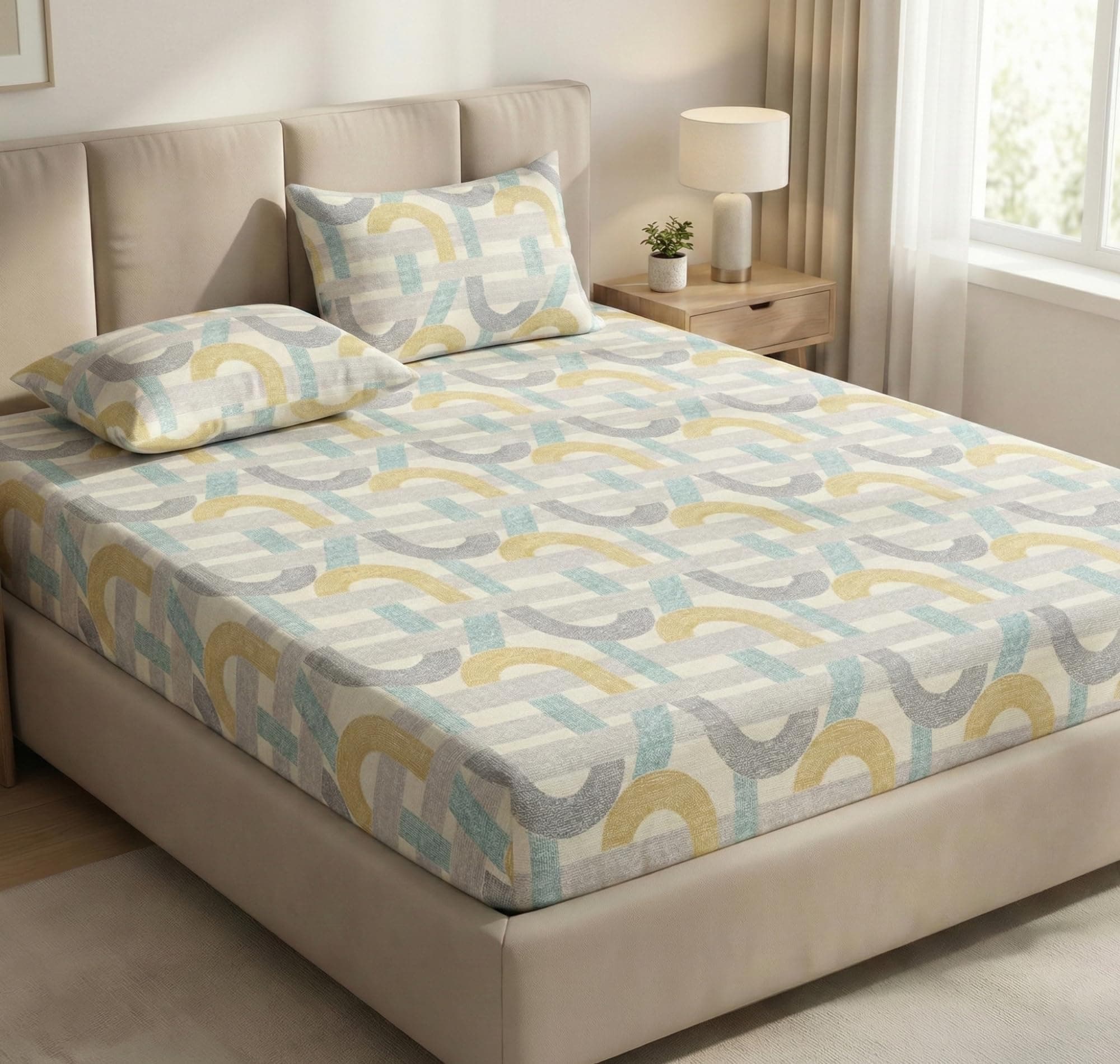 VAS COLLECTIONS Double Bed 160 TC Cloud Cotton Fitted Bedsheet (78×72+10 Inches) | Elastic Deep Pocket Cotton Bed Sheet | Soft, Breathable Bedding for Home & Hotel (Silver Blue Circles)
