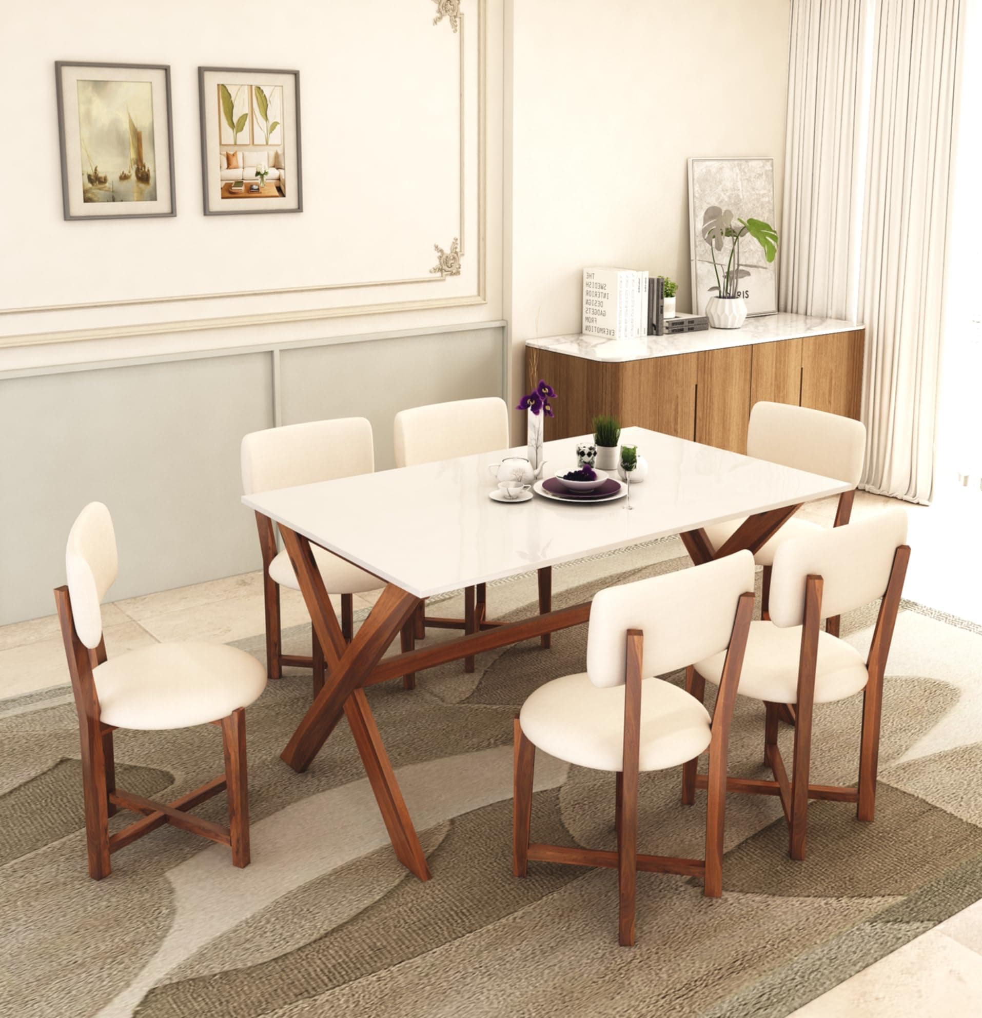 MURALICRAFT Sheesham Wood 57" Dining Table 6 Seater | Marble Finish Six Seater Dinning Table Set with 6 Upholstered Dining Chairs | Table Top: Premium HDMR Wood | Chair: Round Edge | White & Honey