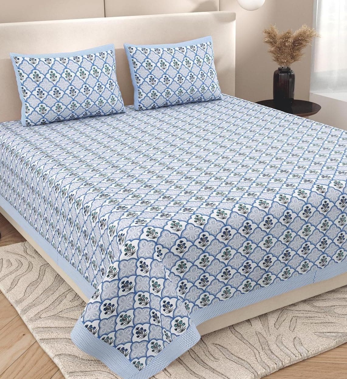 ElanorHomes 240 TC Jaipuri Cotton King Size Bedsheet (90x108 Inches) with 2 Pillow Covers | Handblock Floral Print | Soft, Breathable & Cooling Bed Sheet for Double Bed | (Blue Blossom)