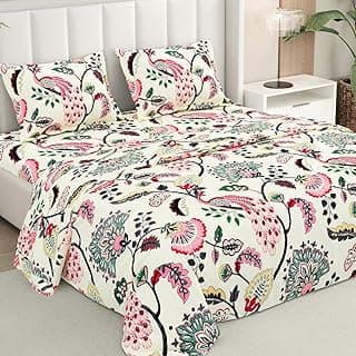 200 TC Ultrasoft Cotton Flat Double Bedsheet with 2 Pillow Covers for Double Queen Size Bed | Floral Print Cream 88 x 96 Inch