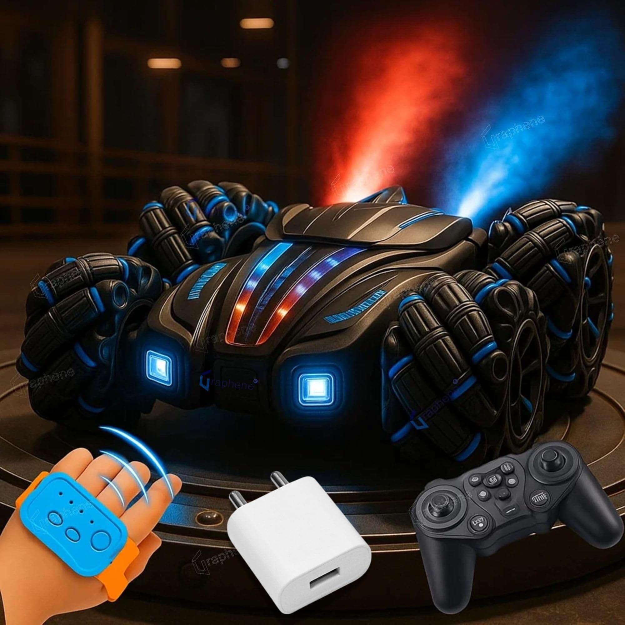 GRAPHENE Remote Control Car with Adaptor RC 4X4 Double Smoke Hand Sensor Extreme Drift Car Toy for Kids Boys Adults Gesture Control Sports Racing 360° Stunt RGB Lights Spray Mist 4-14 Years