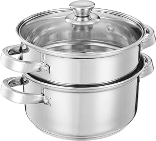 Amazon Brand - Solimo Stainless Steel Steamer with Glass Lid | Induction Base | Modak, Momo Maker | 17 x 22 x 22.4 Cm | 4L | Silver