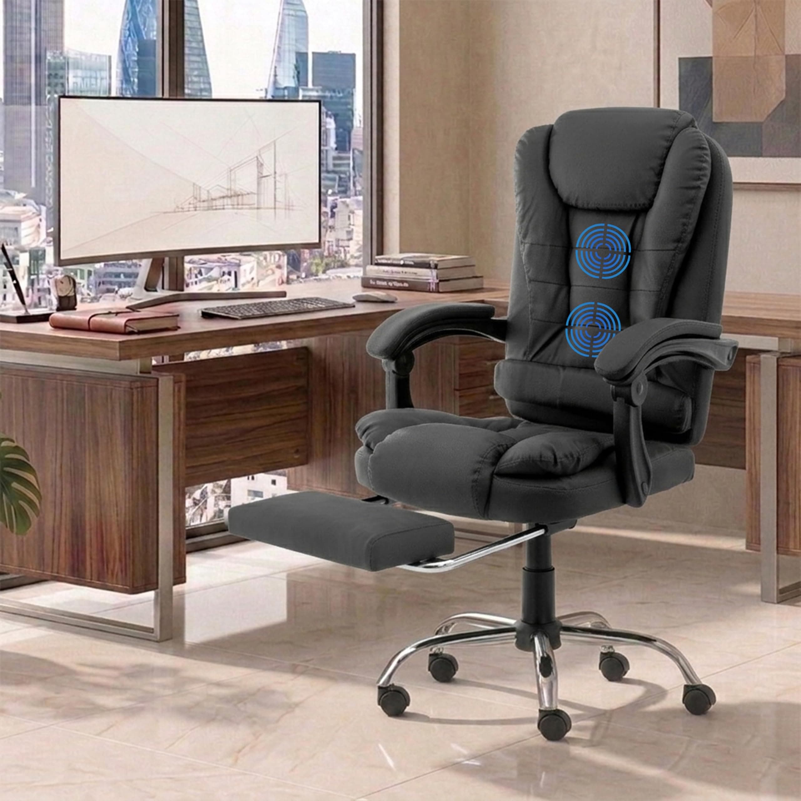 Casa Haus Italia Leatherette Office Chair for Work | Boss Chair, Luxurious Cushioned Arms & Seat, 2 Point Back Massager, Adjustable Leg Rest, Heavy Duty Metal Base (Black)